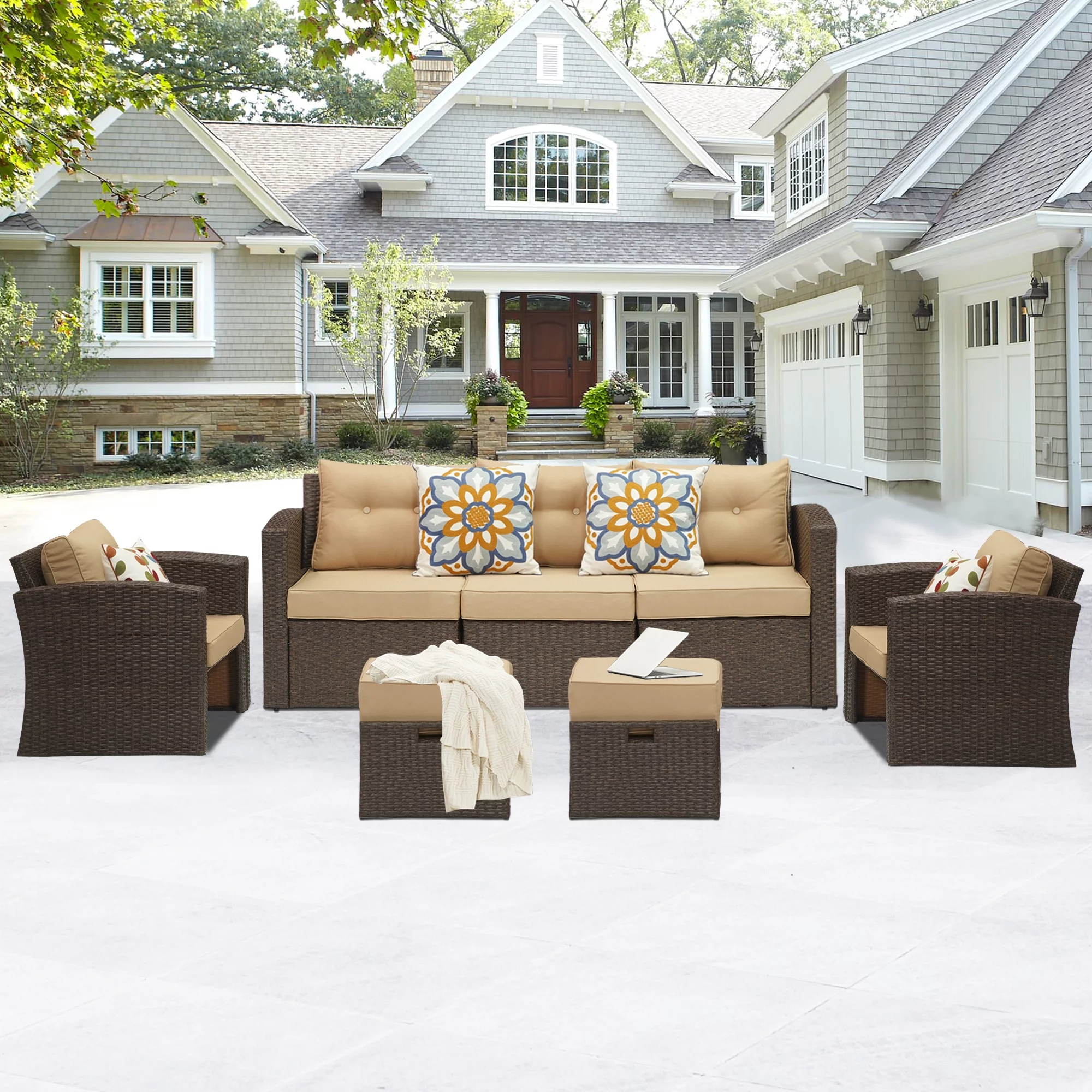 Sunvivi 7 Pieces Patio Furniture Sets Outdoor Conversation Sets, Outdoor Aluminum Frame Sectional Couch Sofas with Brown Cushion,Beige PE Wicker