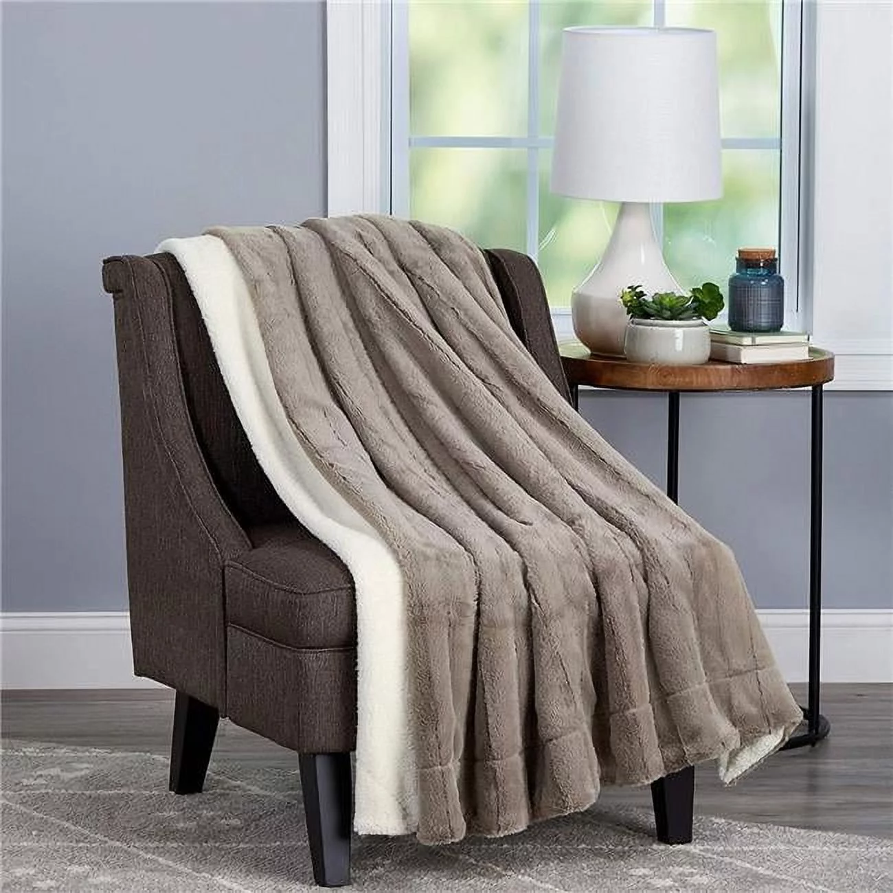 Soft Hypoallergenic Faux Rabbit Fur Blanket with Sherpa Back for Couch Jacquard Throw Luxurious Bed, 60 x 70 in. - Coffee