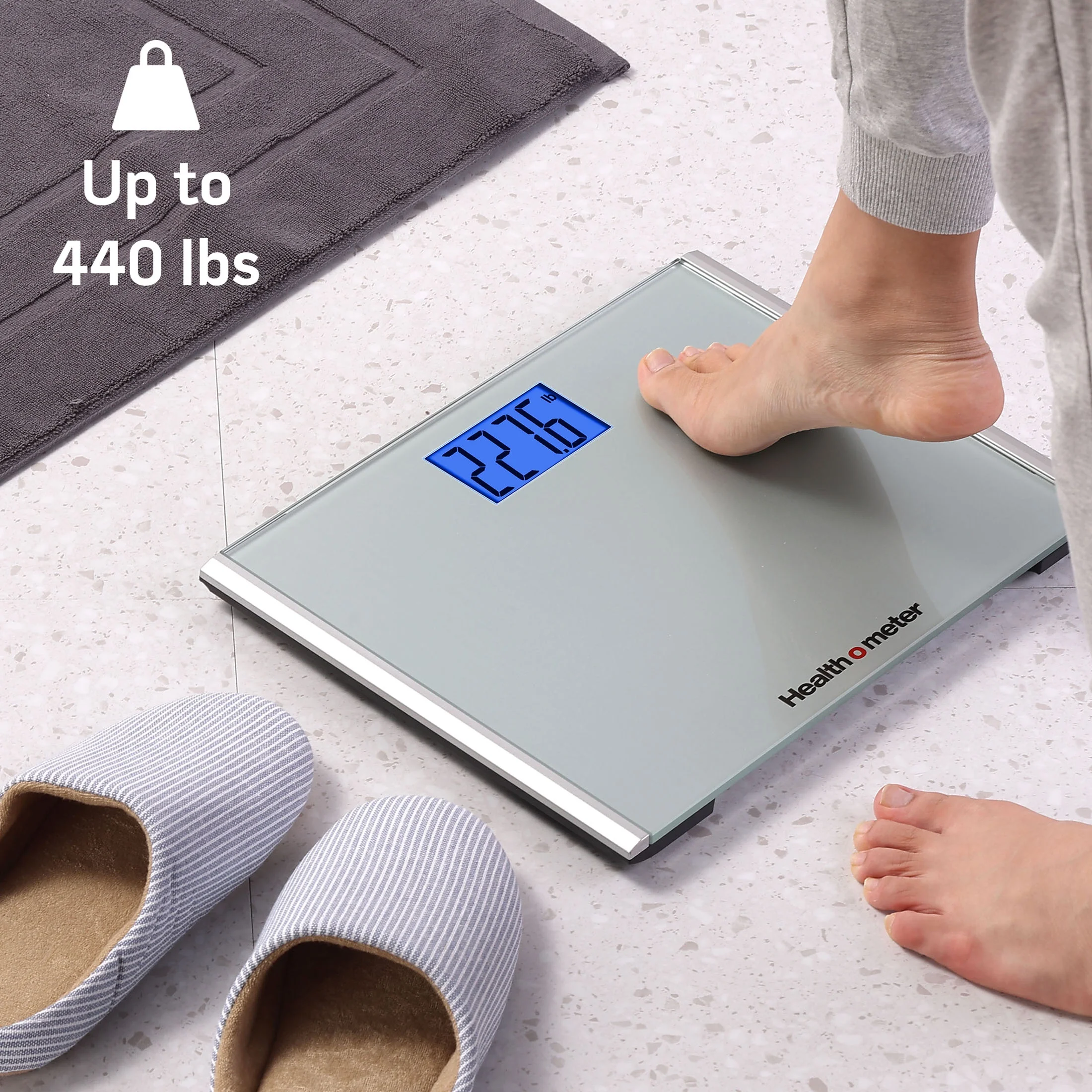 Health o meter Extra Wide Digital Scale, 440 lbs Capacity, Backlit LCD Display, Glass Platform, Silver