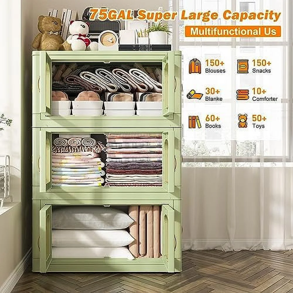 SQWDEC 75 GAL Stackable  Bins with Lids for Closet Organizers Collapsible  Bins with Door and Wheels Trunk Car Folding  Containers Box for Bedroom Kitchen Office Toy Plastic 3PC