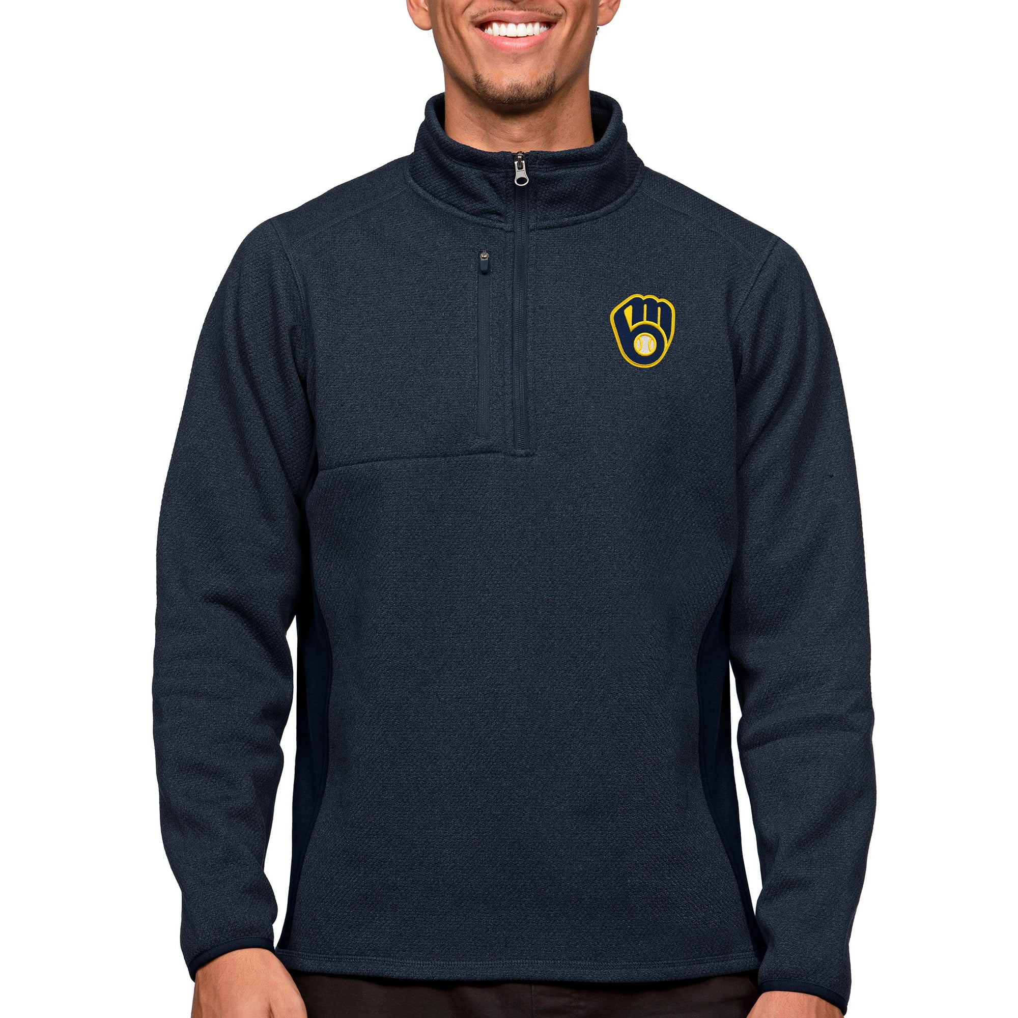 Men's Antigua Heathered Navy Milwaukee Brewers Course Quarter-Zip Pullover Top