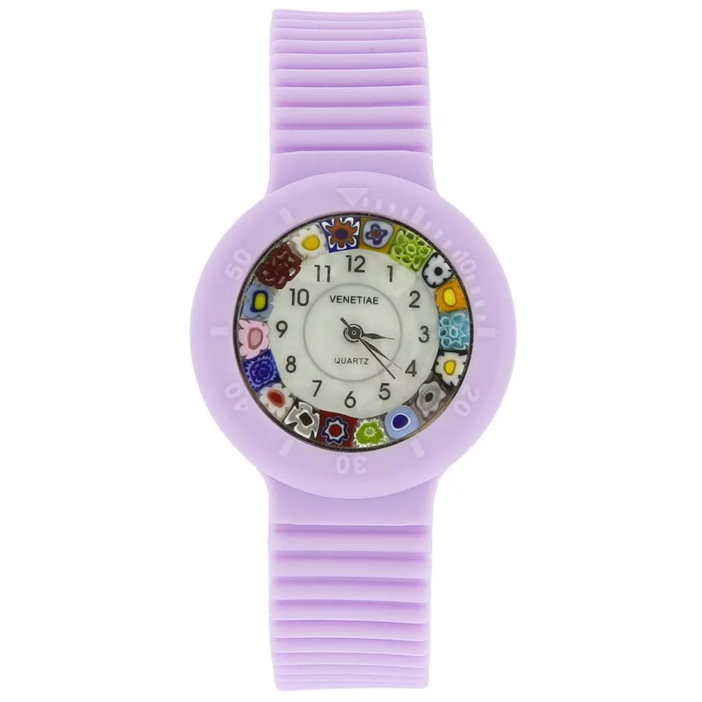 GlassOfVenice Murano Glass Millefiori Watch with Rubber Band - Lavender