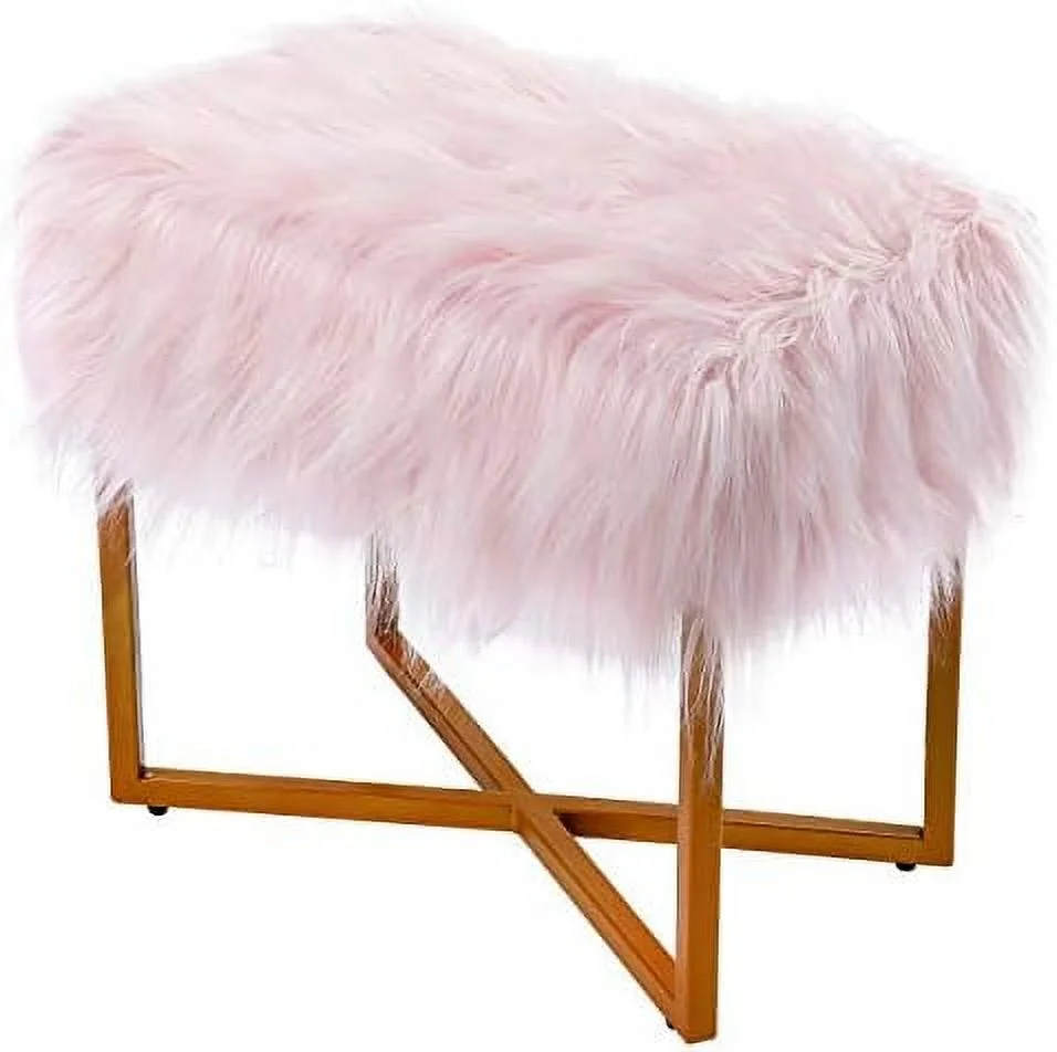 TJCGDTY Rectangular White Faux Fur Foot Stool Ottoman with Gold Legs - Vanity Chair - Soft Compact Padded Seat - Bedroom and  Room Chair - Metal - Fluffy  Seat