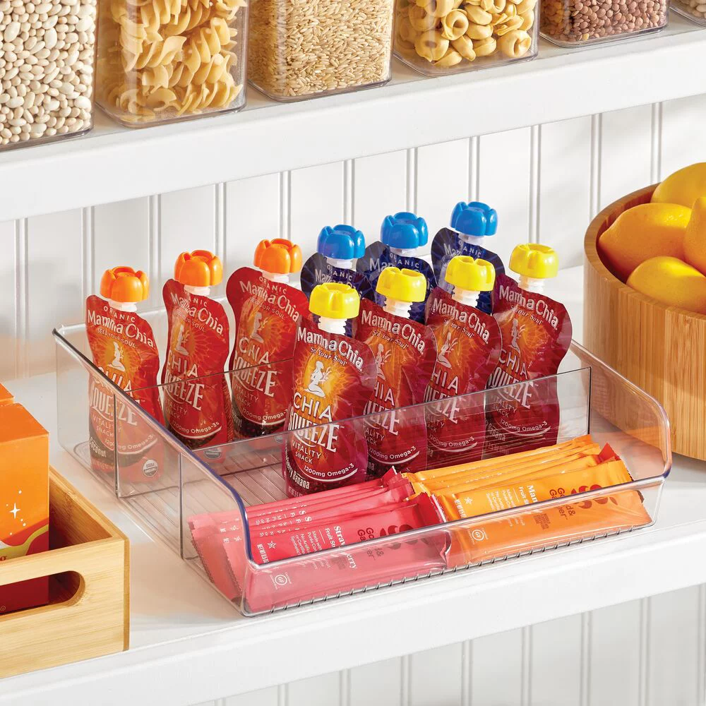 mDesign Plastic Divided Storage Bin Organizer for Kitchen Cabinet, 2 Pack, Clear
