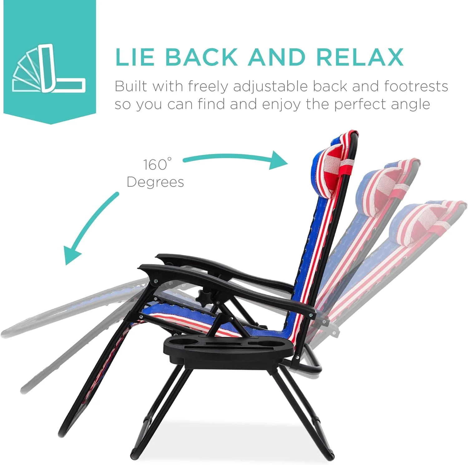 Set of 2 Adjustable Steel Mesh Zero Gravity Lounge Chair Recliners w/Pillows and Cup Holder Trays - American Flag