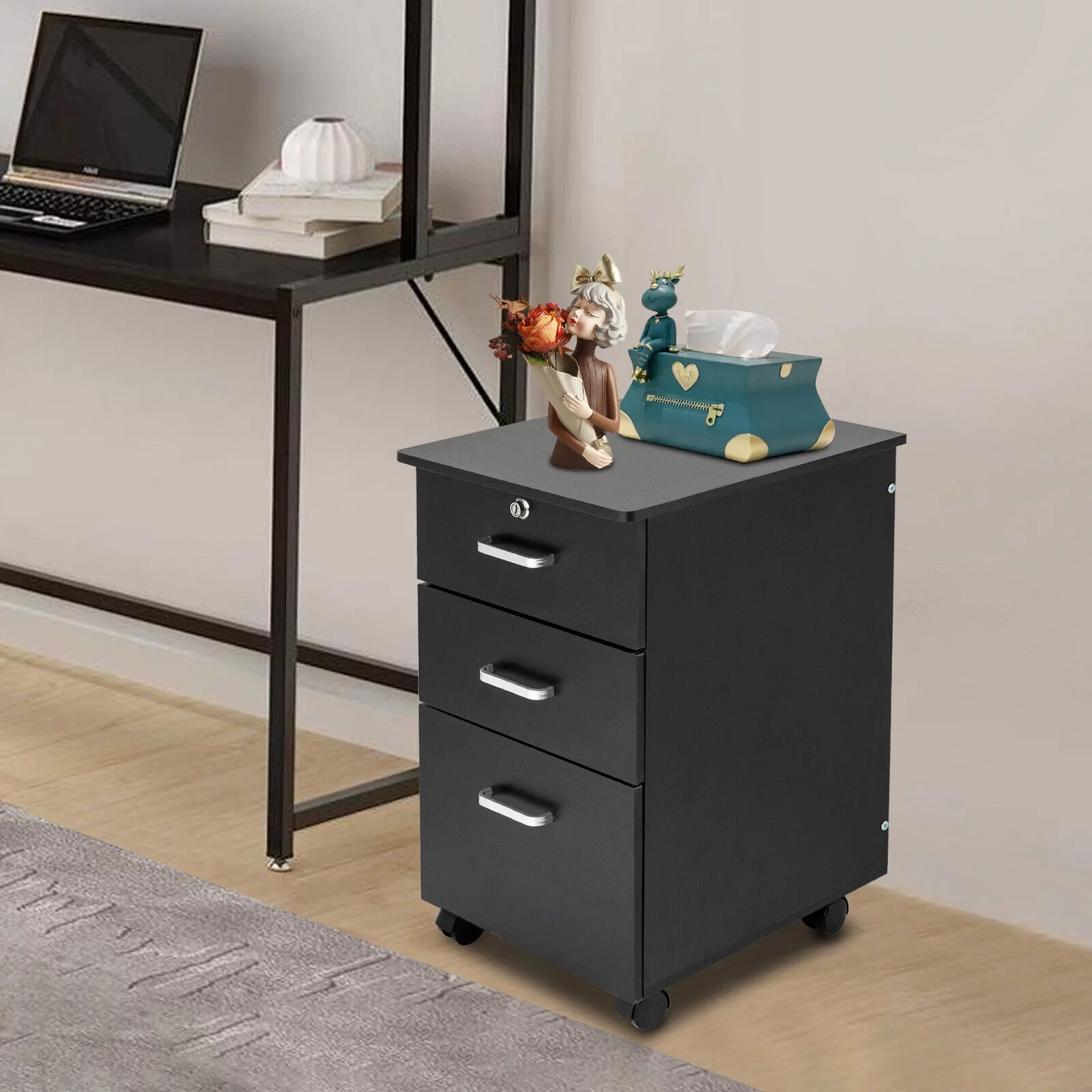 Rectangular 4 Wheels Mobile File Cabinet Filing Storage 3 Drawers Home Office Filing Cabinet W/ Lock