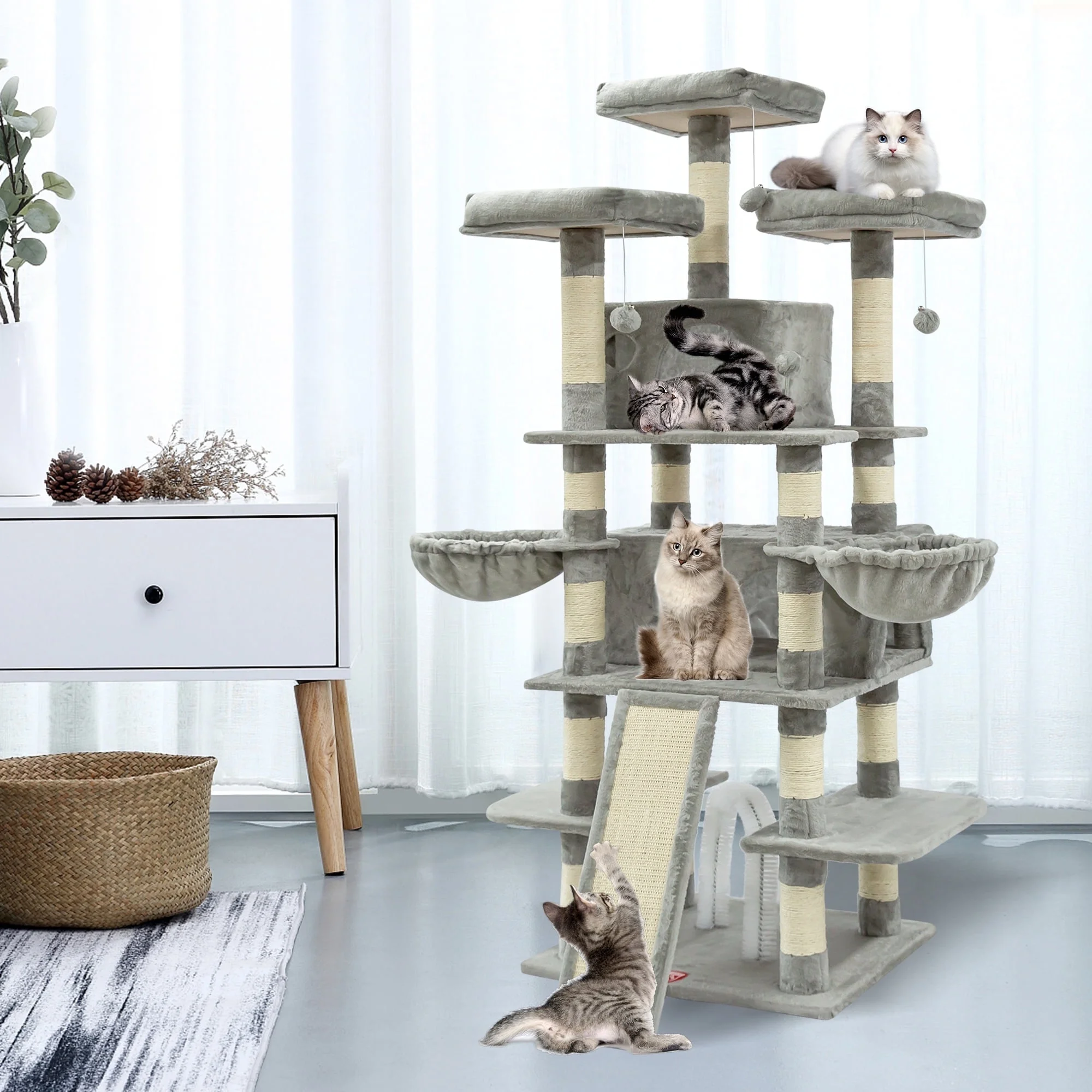 68 Inches Multi-Level Big Cat Tree, Tall Multi-Cats Tower with 2 Big Cat Condo &Cat Hair Brush, Large Cat Tree with 3 Padded Plush Perches & Scratching Posts