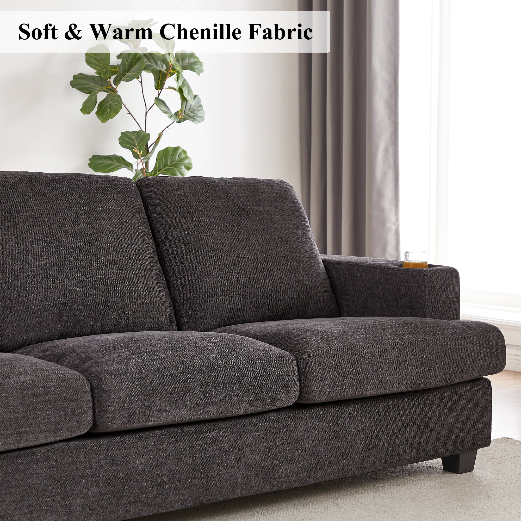 Homfa 3 Seat Sofa with USB Charging Ports & Cup Holders, 89'' Modern Chenille Upholstered Couch for Living Room, Dark Gray