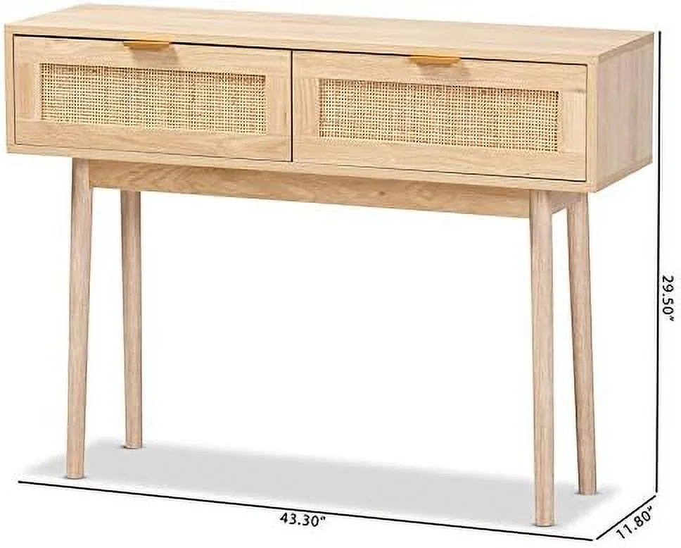 FDIGLUL Light Oak Brown Finished Wood and Rattan 2-Drawer Console Table