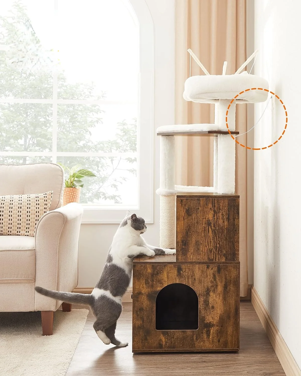 WoodyWonders Cat Tree with Litter Box Enclosure, 2-in-1 Modern Tower, Furniture Hidden, Cat Condo with Scratching Posts, Removable Pompom Sticks, Rustic Brown UPCT113X01