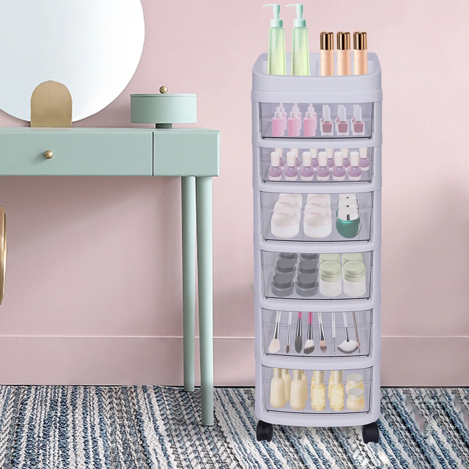 6-Drawer Organizer Plastic Rolling Storage Cart Whit Trolley Cabinet with Wheel