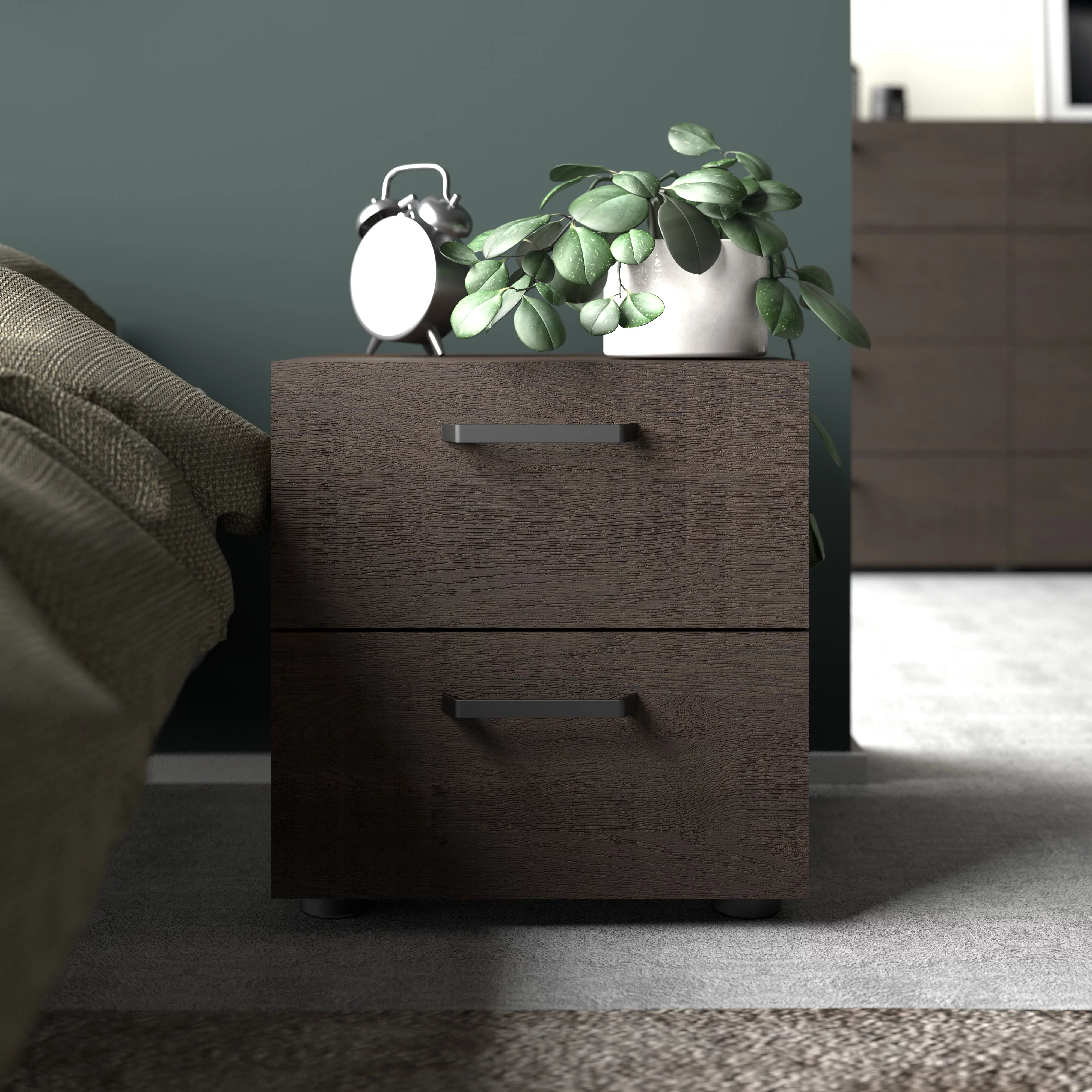 Dallas Collection 2 Drawer Nightstand, Foil Finish, Dark Chocolate Color