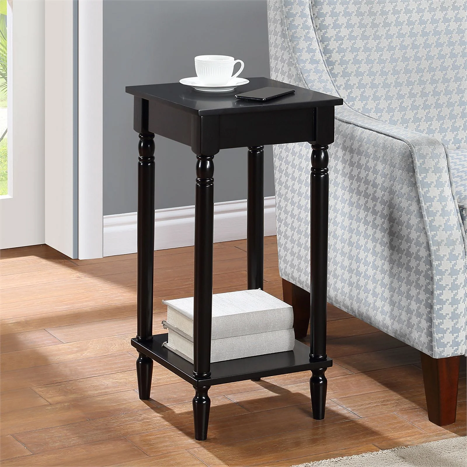 Pemberly Row Modern End Table with Shelf in Black Wood Finish