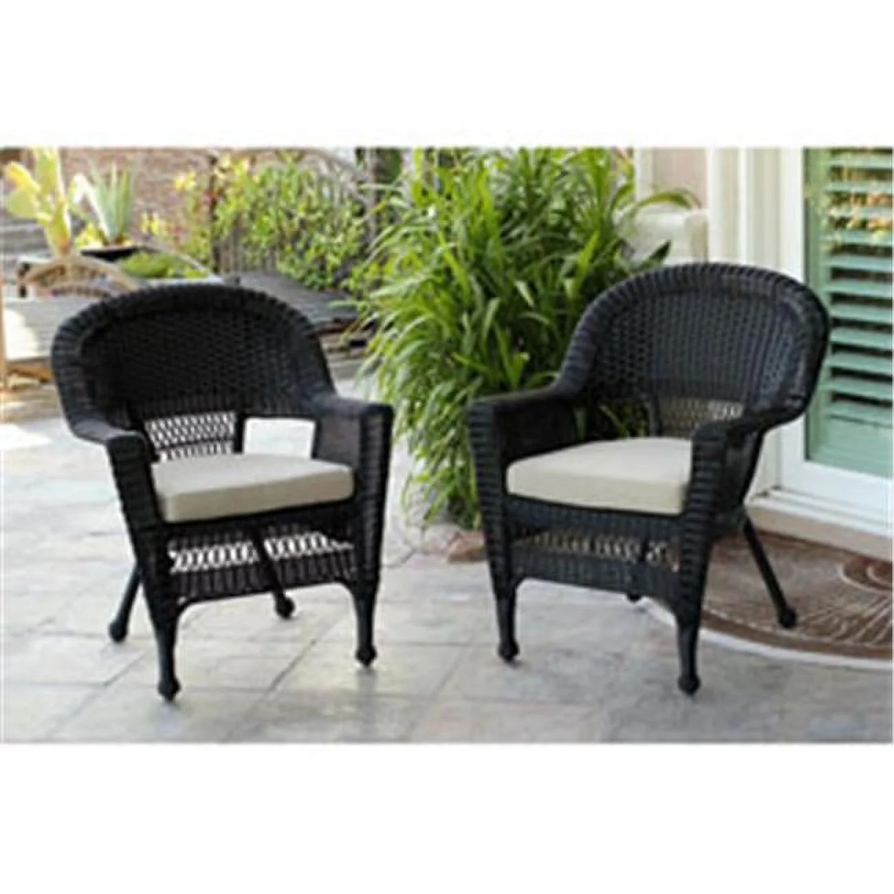 Jeco W00207-4-C-FS006-CS Black Wicker Chair with Tan Cushion - Set of 4