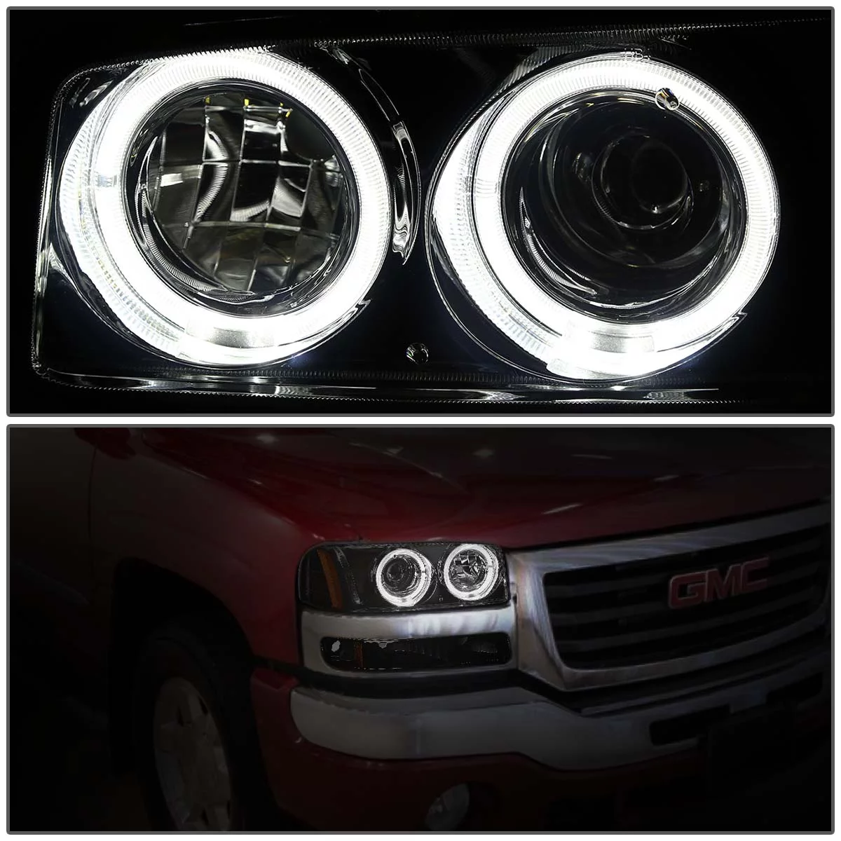 DNA Motoring HL-HPL-SIE994P-SM-AM For 1999 to 2007 GMC Sierra Yukon GMT800 Dual Halo Ring Projector Headlight+Bumper Lamp Smoked Housing Amber Corner 00 01 02 03 04 05 06 4pc
