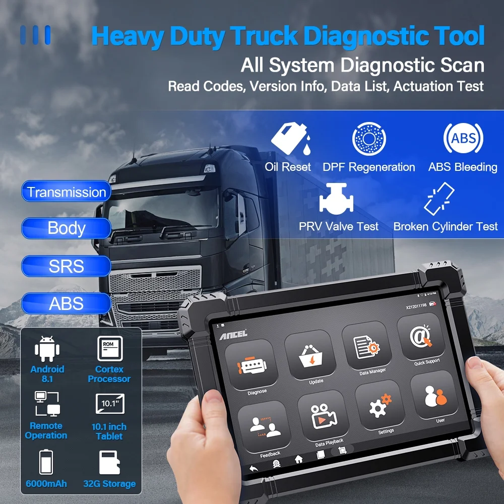 Ancel 24V 12V Diesel Heavy Duty Truck Scanner Diagnostic Tool Full System ECU Reset All System DPF Regen