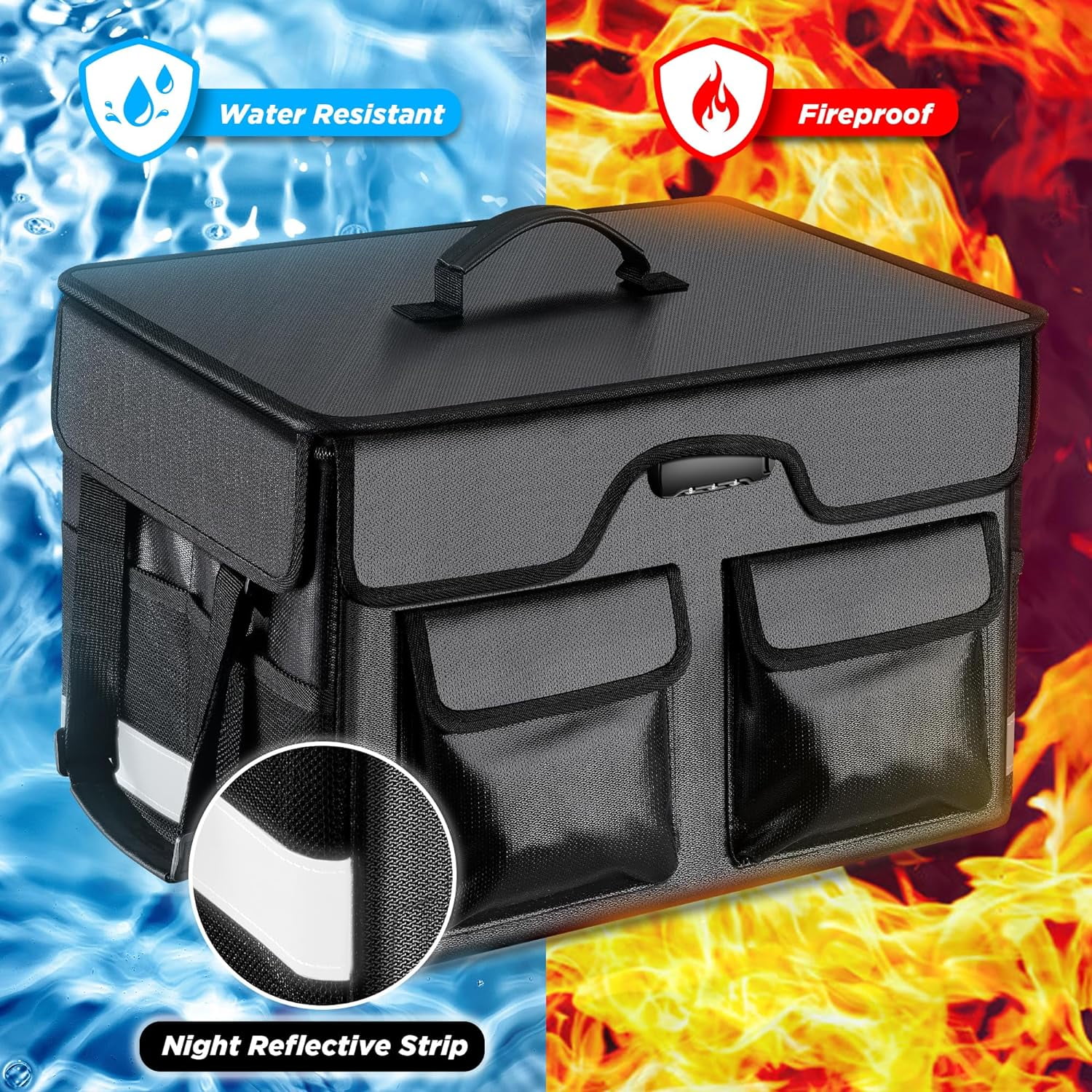 Fireproof Document Box with Lock, Portable File Organizer Storage Box with Lid for Hanging Letter/Legal Size File Folders, Collapsible Fire proof Waterproof Safe Box for File Cabinet Home Office