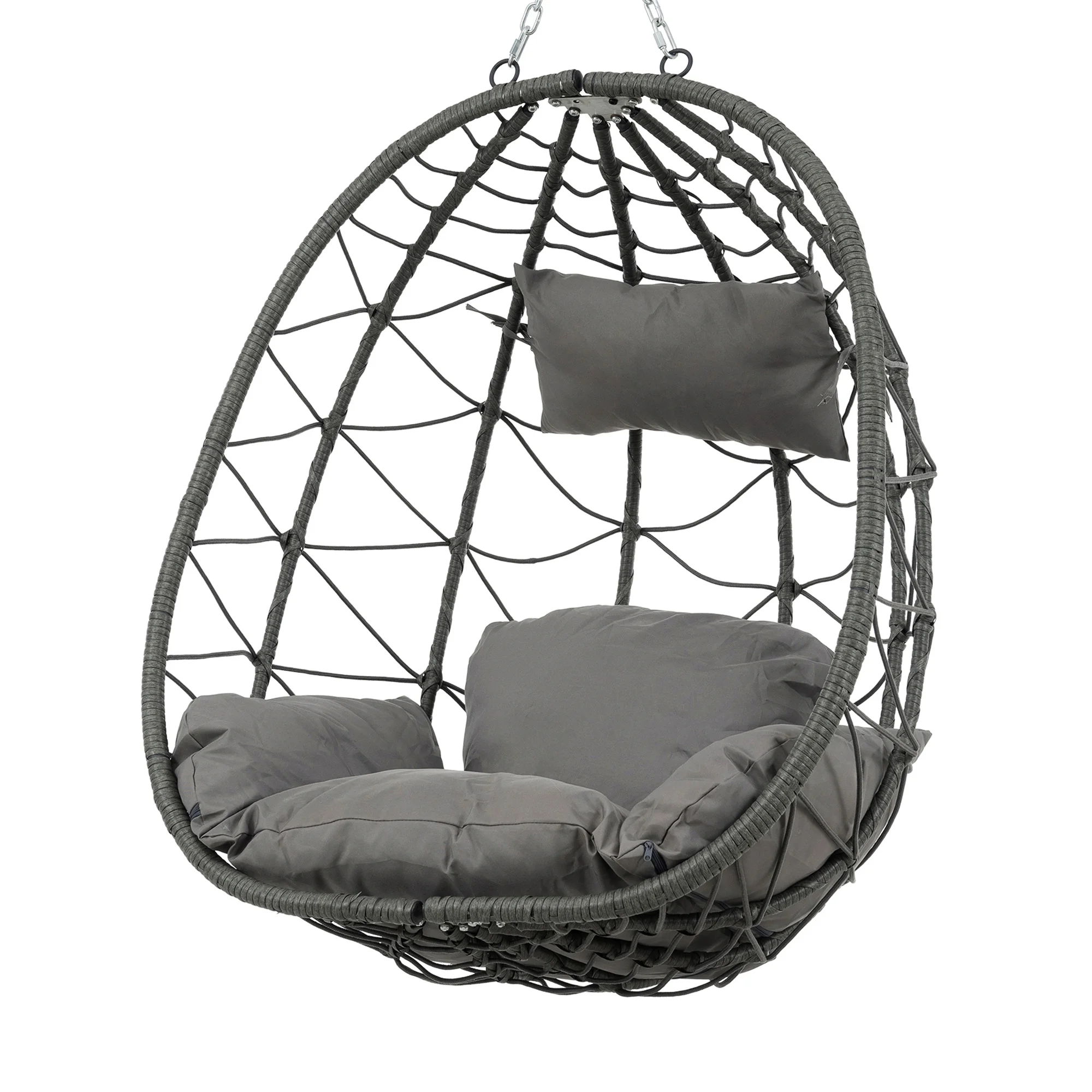 Patio Wicker Hanging Egg Chair with Stand - Brown Wicker, Grey Cushion