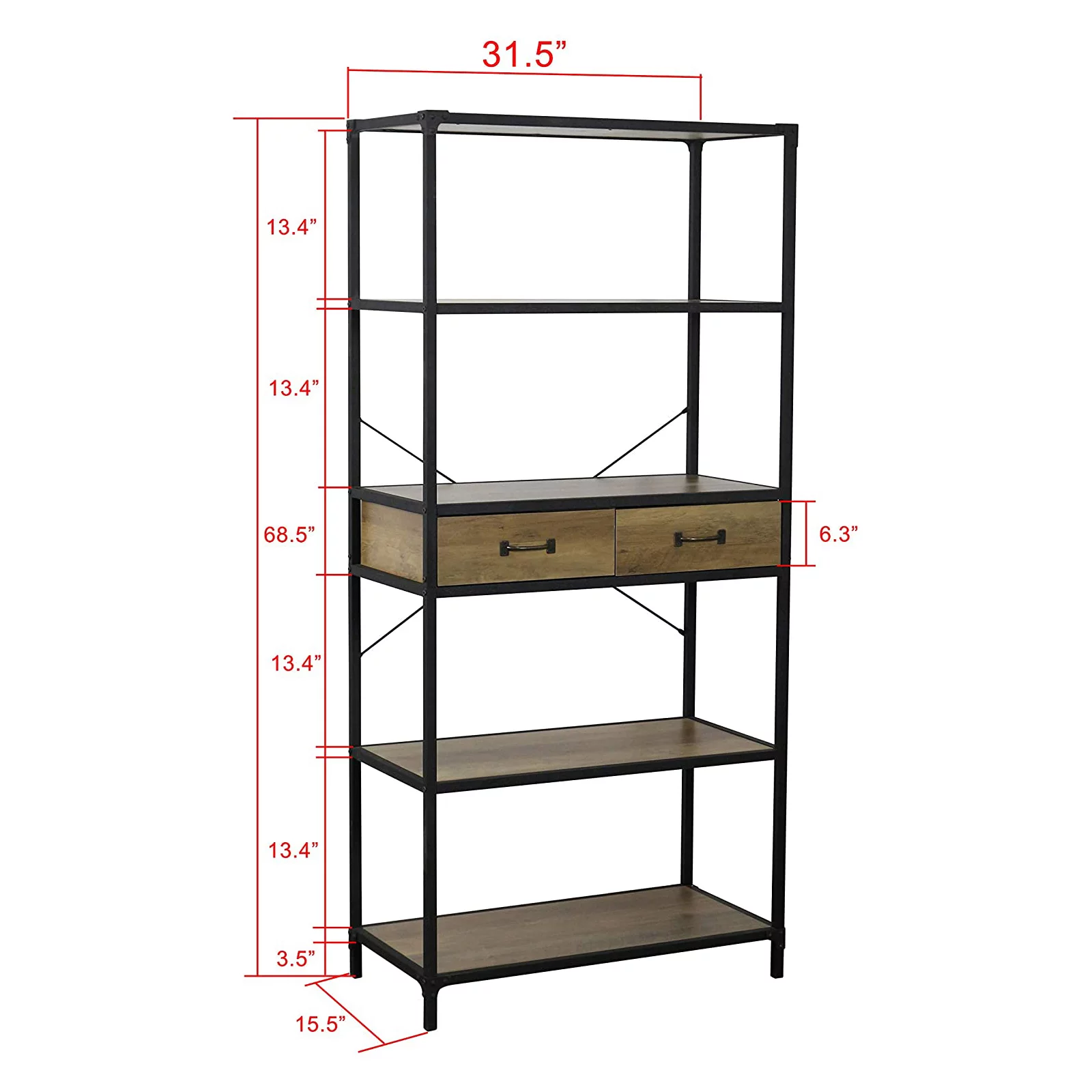 eHemco 5 Tier Rustic Design Bookcase with 2 Drawers, 68.5 Inches, Black Base