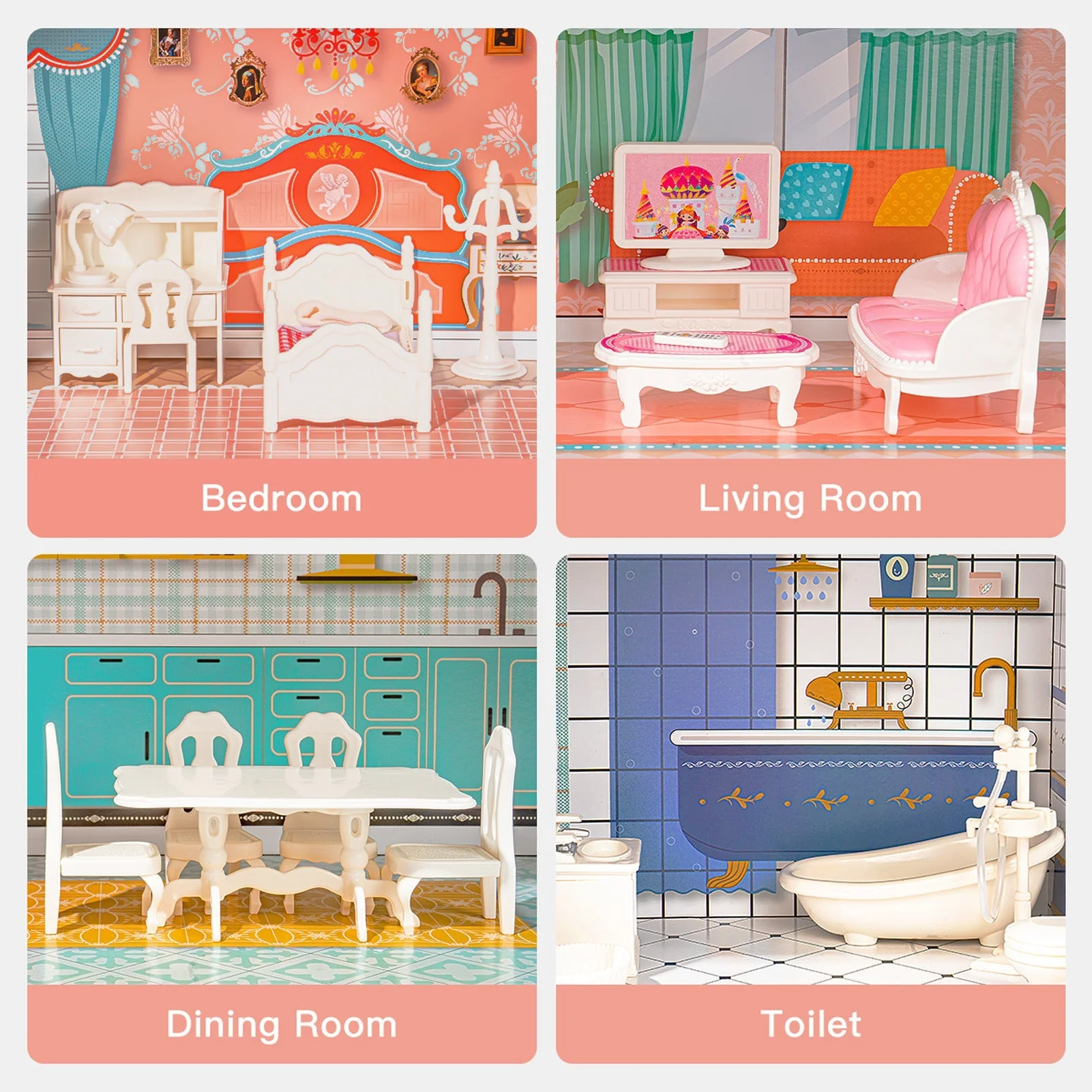 Big Wooden Dollhouse with Furniture Play Set