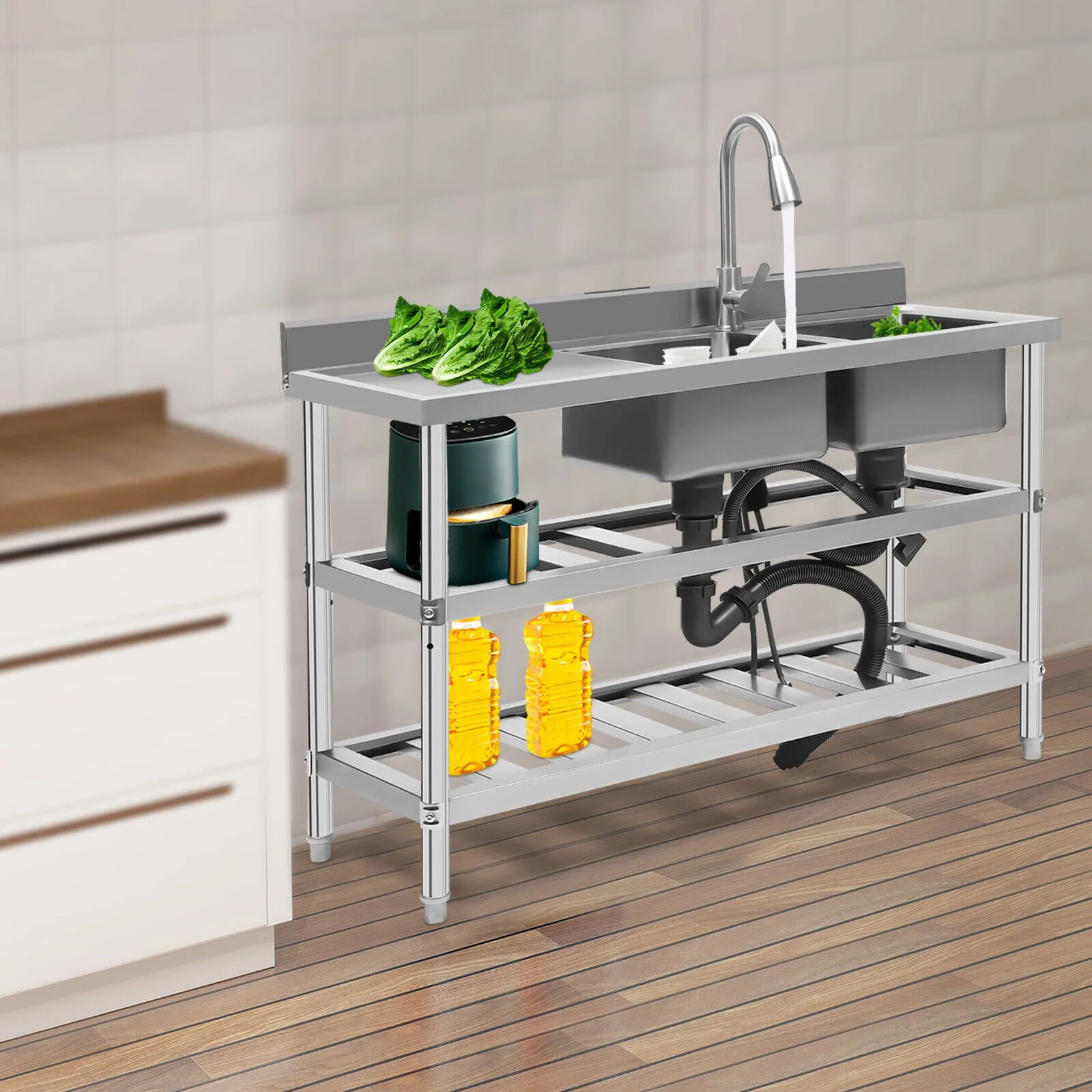Commercial Restaurant Kitchen Sink Double Bowl Sink With 2 Shelves 201 Stainless Steel Utility Sink Free-standing Sink & Faucet Combo With Strainer (Double Bowl)