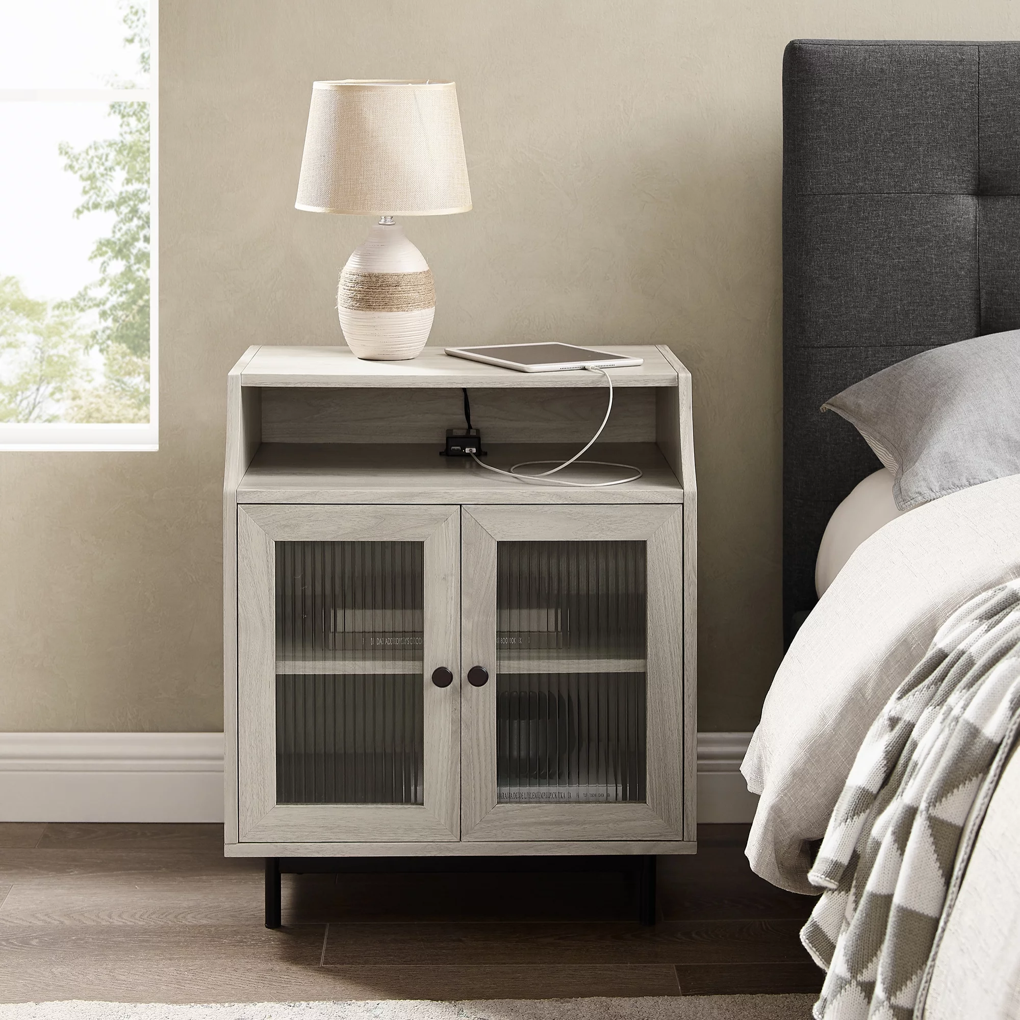 Walker Edison Modern 2 Door Nightstand with USB Port, Birch