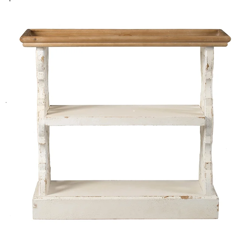 French Country Console Table with Distressed White and Natural Wood Shelf  35.5” x 14” x 32” Dimensions