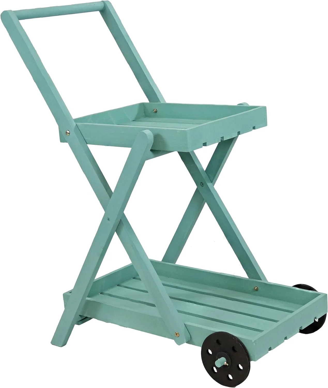 LIANMEI 2-Tiered Flower Garden Cart with Built-In Handle - Fir Wood - 20 lb Weight Capacity - 34” H - Robin Egg Blue