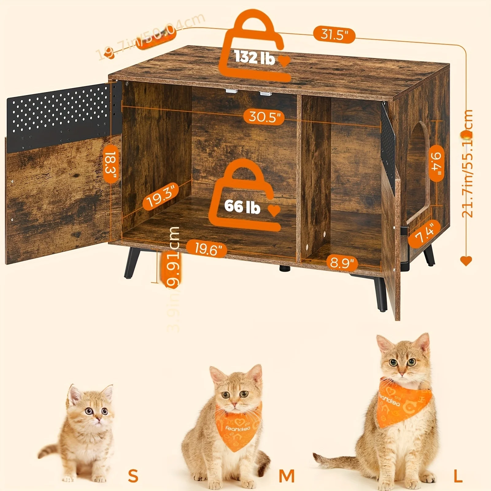 Litter Box Enclosure, Cat Litter Box Furniture Hidden, with Removable Divider, High Legs, Cat House for Indoor Cats, Side End Table, 31.5 x 19.7 x 21.7 Inches, Rustic Brown