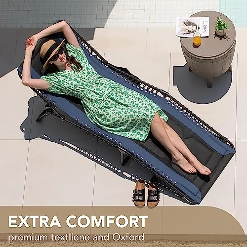 Devoko 4-Fold Padded Portable Folding Outdoor Chaise Lounge Heavy Duty Reclining Chair with Pillow & Side Pocket for Patio, Beach, Pool, Camping, Sunbathing (Blue)