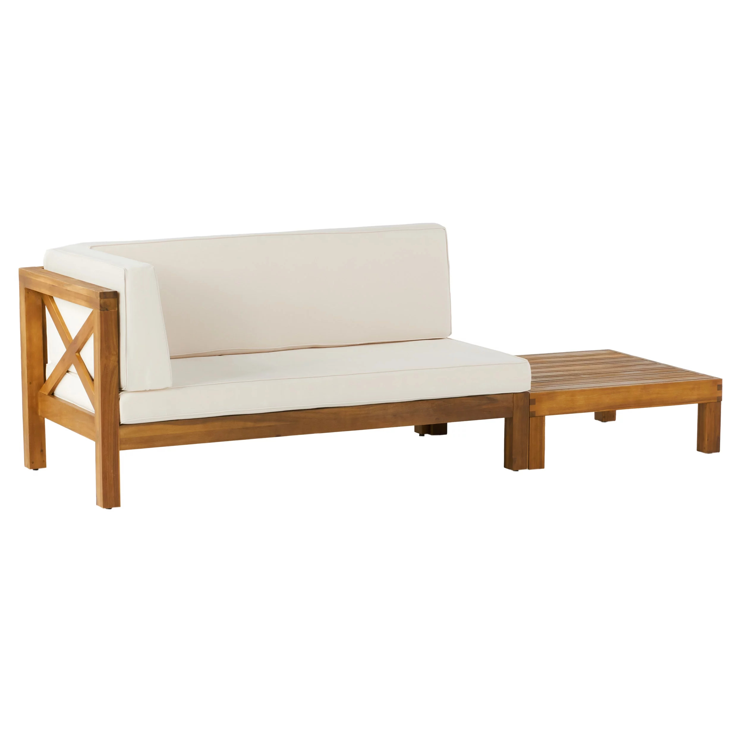 Elisha Acacia Wood Outdoor Left Arm Loveseat and Coffee Table Set with Cushion, Teak and Beige