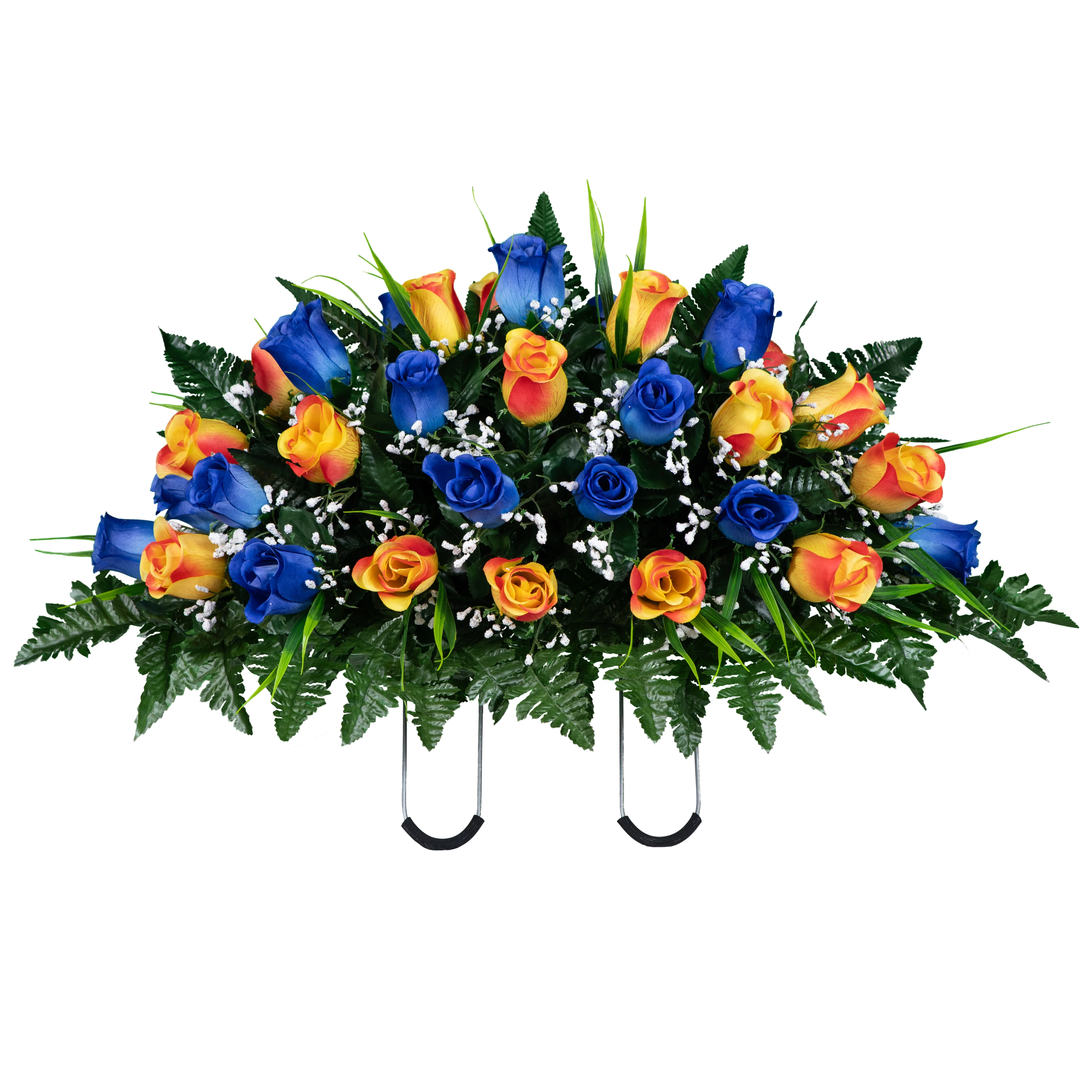 Sympathy Silks Artificial Cemetery Flowers Dark Blue and Sunset Orange Roses Fall Saddle for Headstone