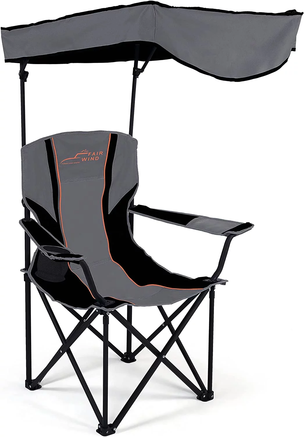 OUWI Oversized Camping Lounge Chair with Adjustable Shade Canopy, Heavy Duty Quad Fold Chair Arm Chair - Support 350 LBS (Black Grey)