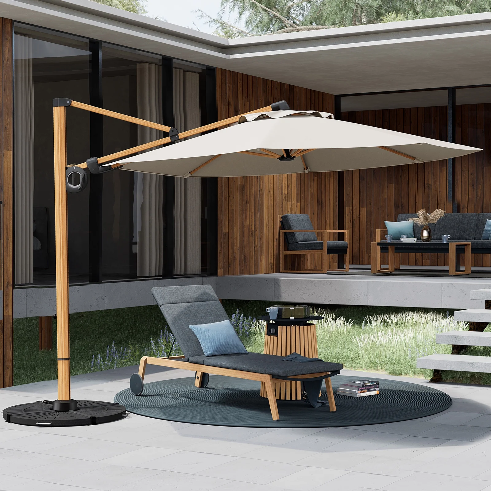 Grand Patio 10-Ft Offset Patio Umbrella, Cantilever Umbrella with Crank & Dual Tilt, Faux Wood Grain Aluminum Large Umbrella, Champagne