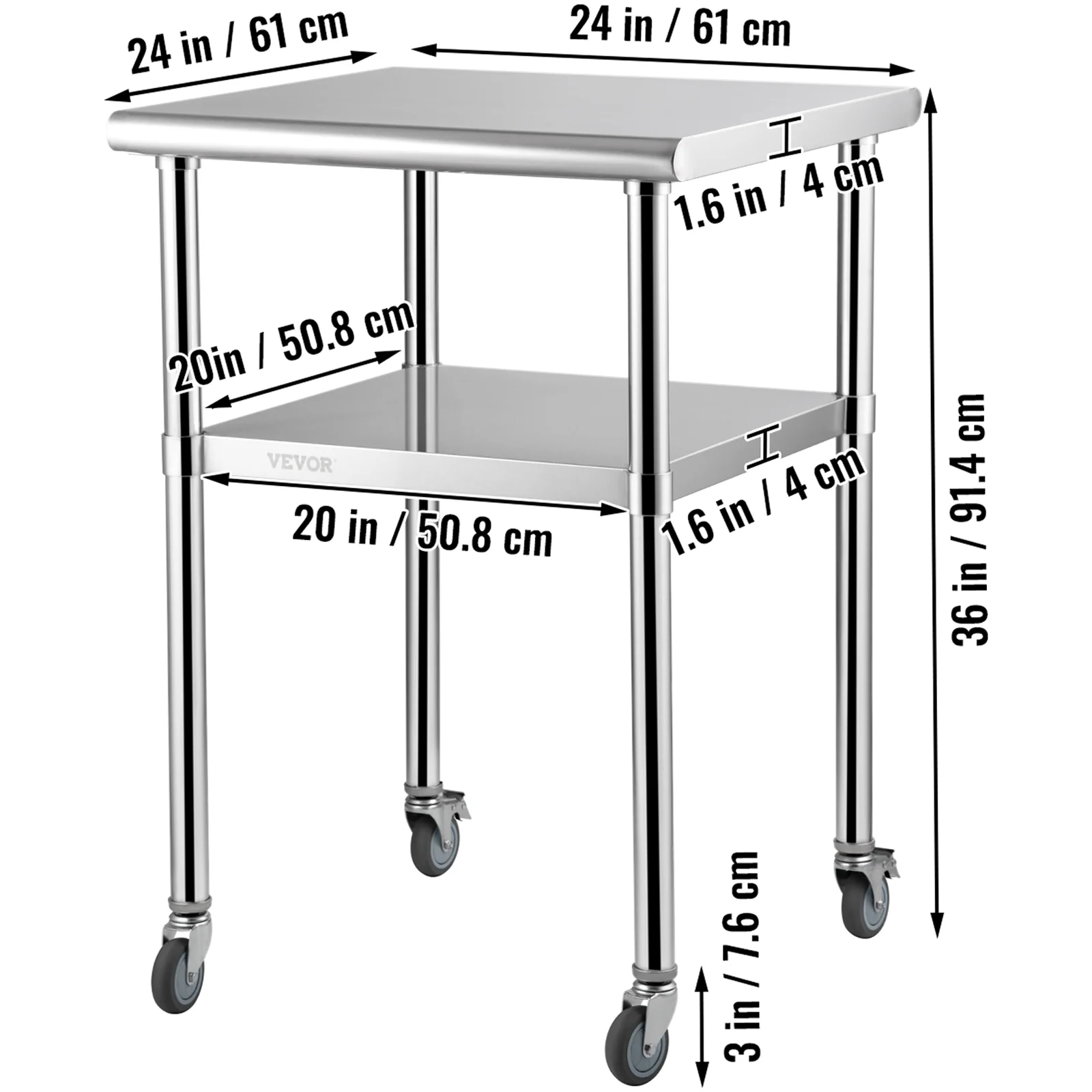 SKYSHALO Stainless Steel Countertop Commercial Food Prep Table 24x24x36 Inch with Wheels