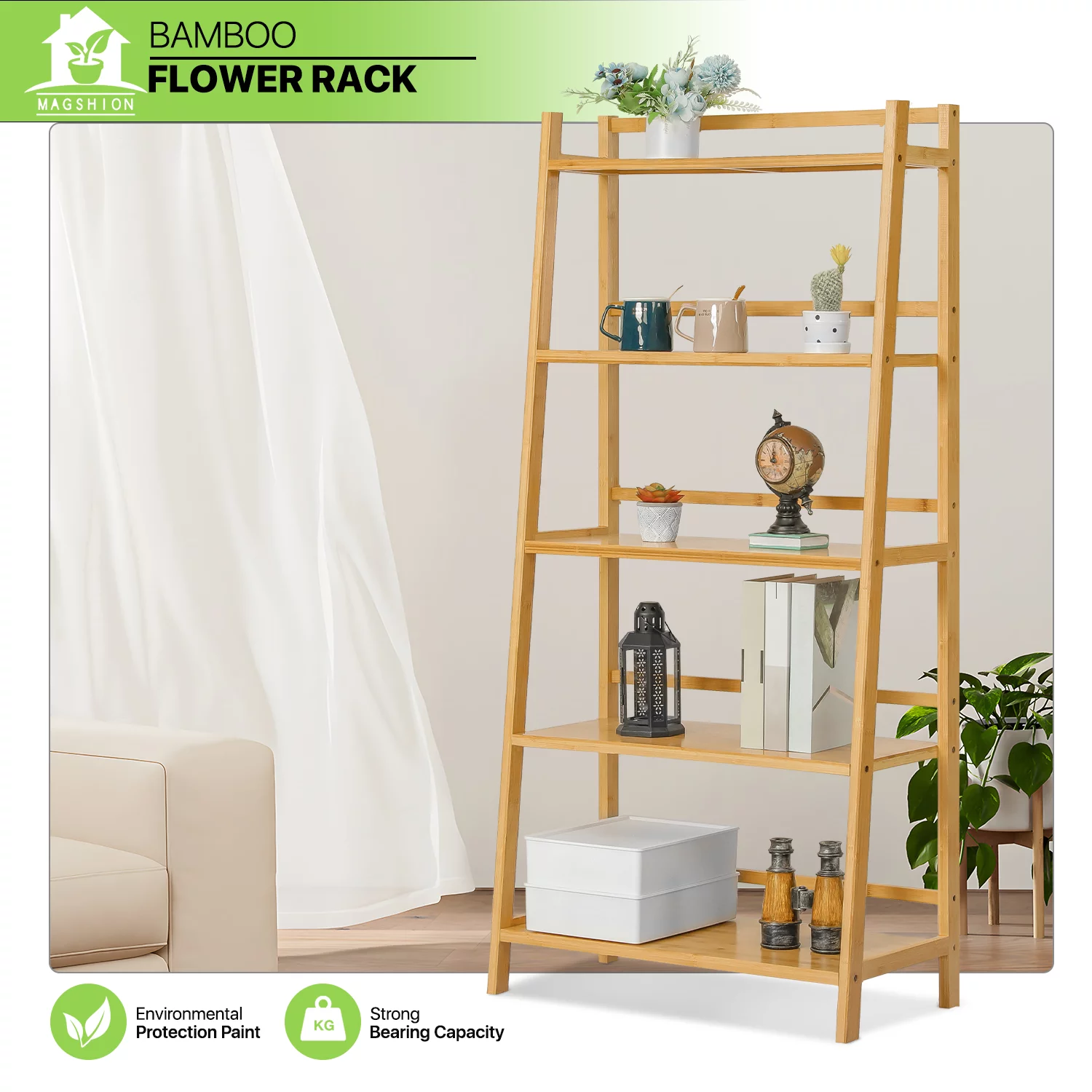 Magshion Bamboo 5 Tiers Stable Trapezoid Plant Stand, Flower Storage Rack, Natural, for Garden