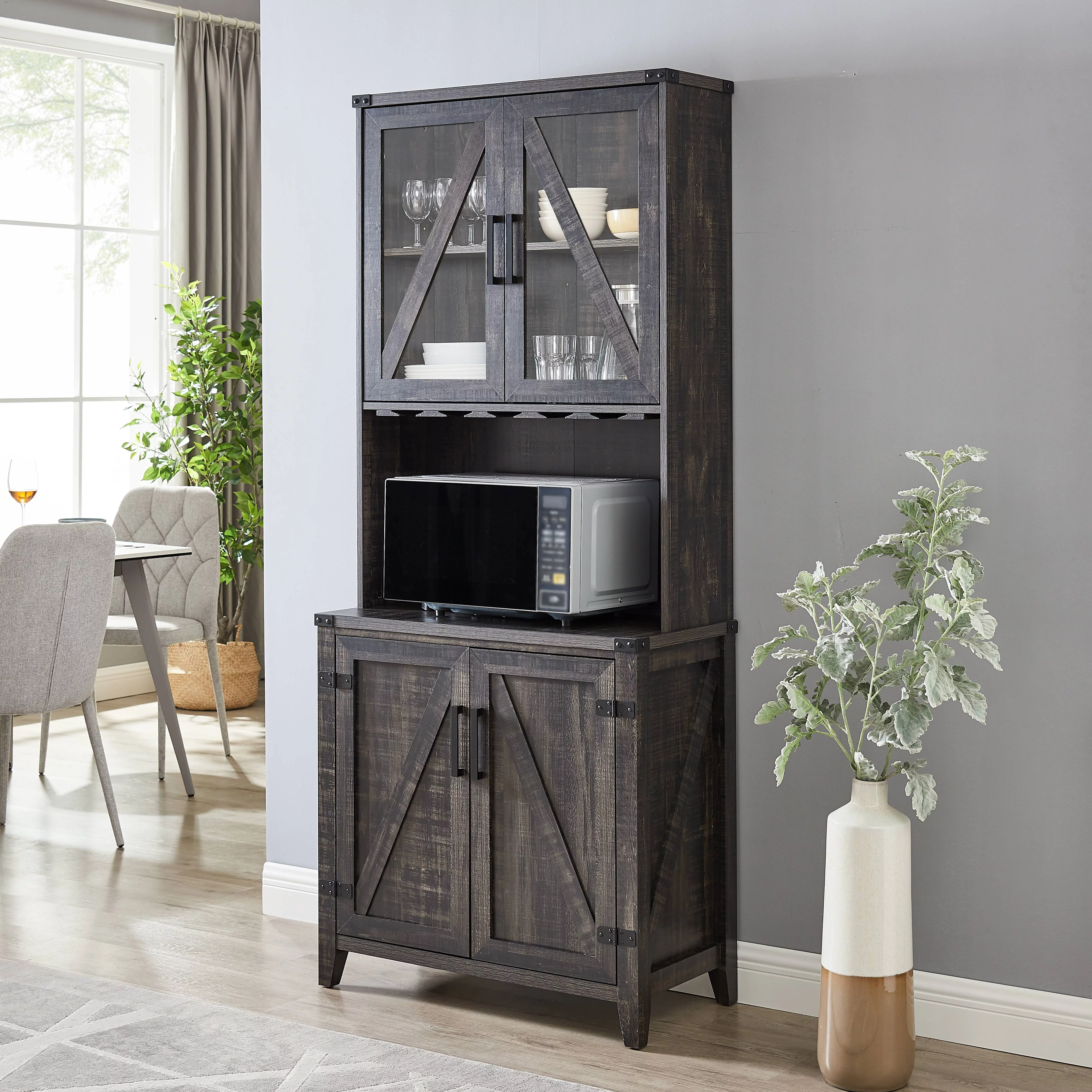 Gramercy Way Bar Cabinet with Upper Glass Cabinet in Charocal Finish