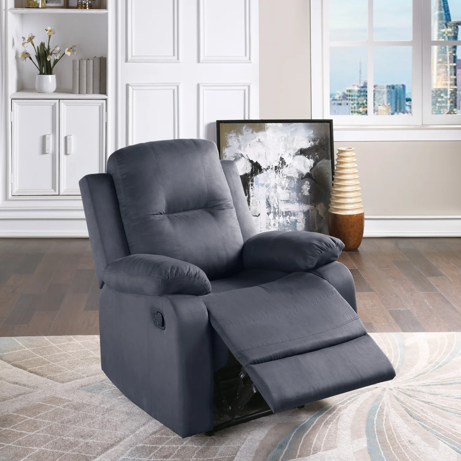 Modern Elegant Ebony Color Microfiber Motion Recliner Chair with Manual Motion and Plush Armrest  Tufted Back  Living Room Furniture - 1pc