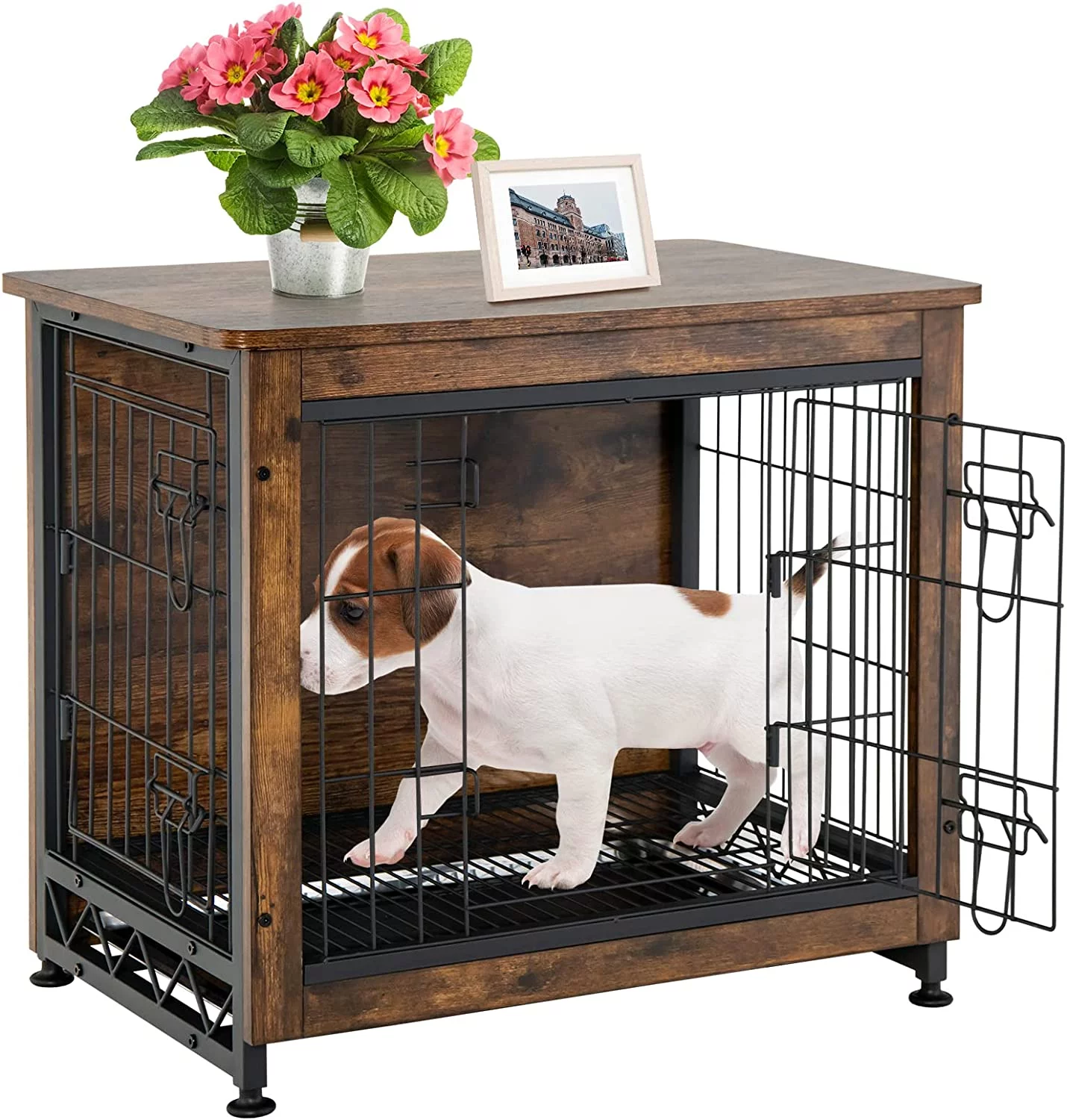 Dog Crate Furniture, Wooden Pet House Side End Table with Double Doors, Removable Tray for Small & Medium Dogs, Indoor Dog Kennel Cage for Living Room, Rustic Brown