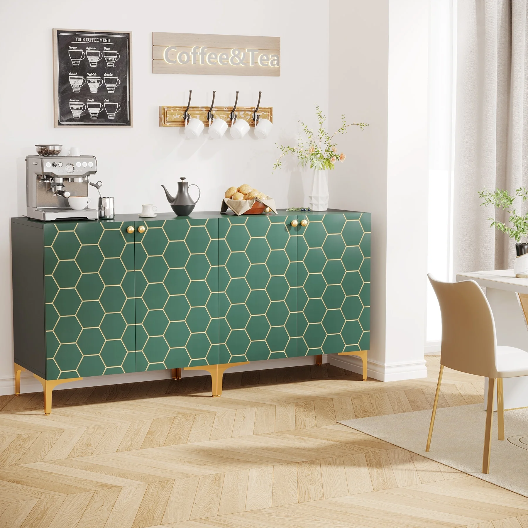 63 Inches Buffet Sideboard Storage Cabinet, Modern Colorful Pattern Display Cabinet, Green+Gold