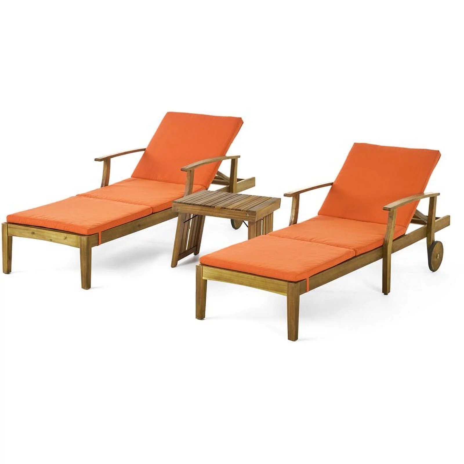 Noble House Perla Outdoor Wood 3-Pc Chaise Lounge Set with Cushion Teak/Orange