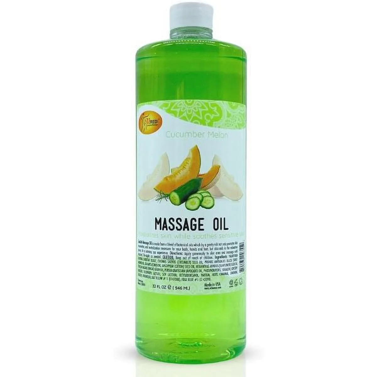 SPA REDI - Massage Oil, Cucumber Melon, 32 Oz - Professional Full Body Massage Therapy, Manicure, Pedicure - Relax Sore Muscles and Repair Dry Skin, Enhanced with High Absorption Oils and Vitamin E