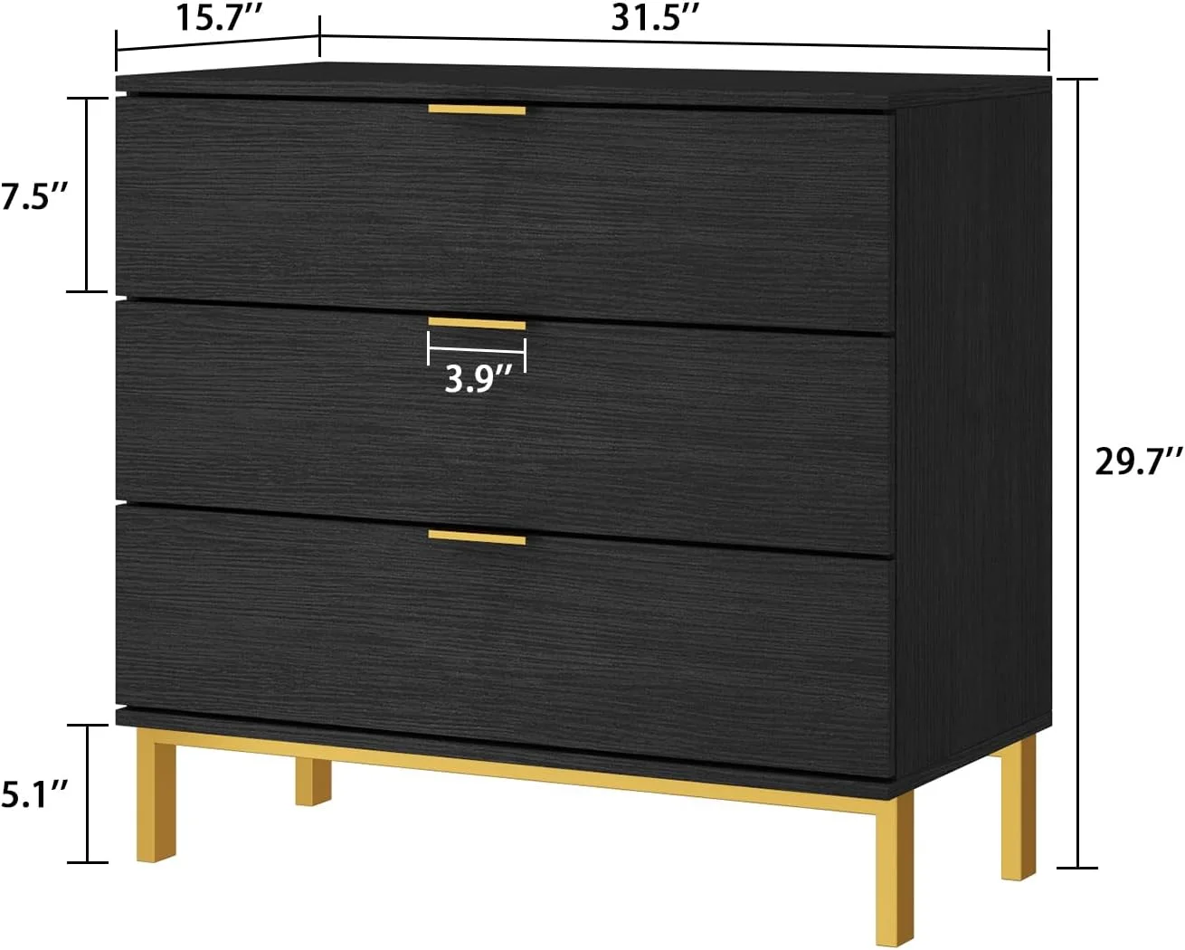 xrboomlife Contemporary 3-Drawer Dresser Chest  Wooden Dresser Tower with Wide  Space and Metal Legs for Living Room Bedroom Hallway  Black