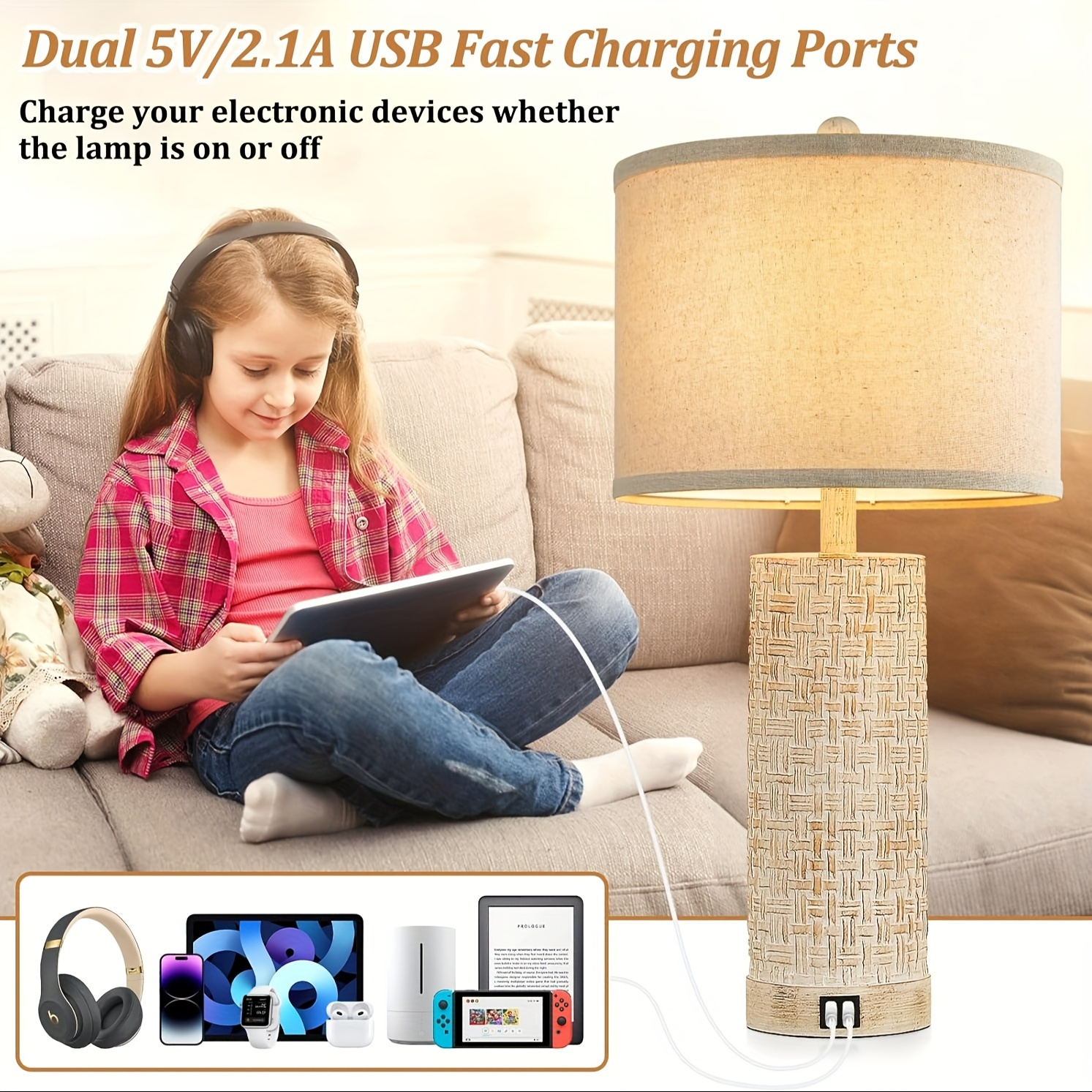 Set of 2 Farmhouse Table Lamps, 26inch  Tall Rustic Nightstand Lamp with with 2 USB Ports, Bedside Lamps with Fabric Shade, Resin Table Lamps with Rotary Switch for Living Room Bedroom Office