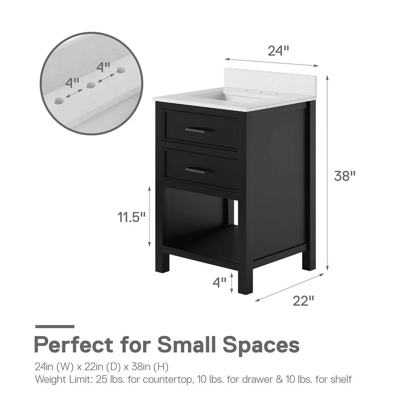 DHP Missouri 24 Inch Bathroom Vanity with Modern Carrera Countertop in Black