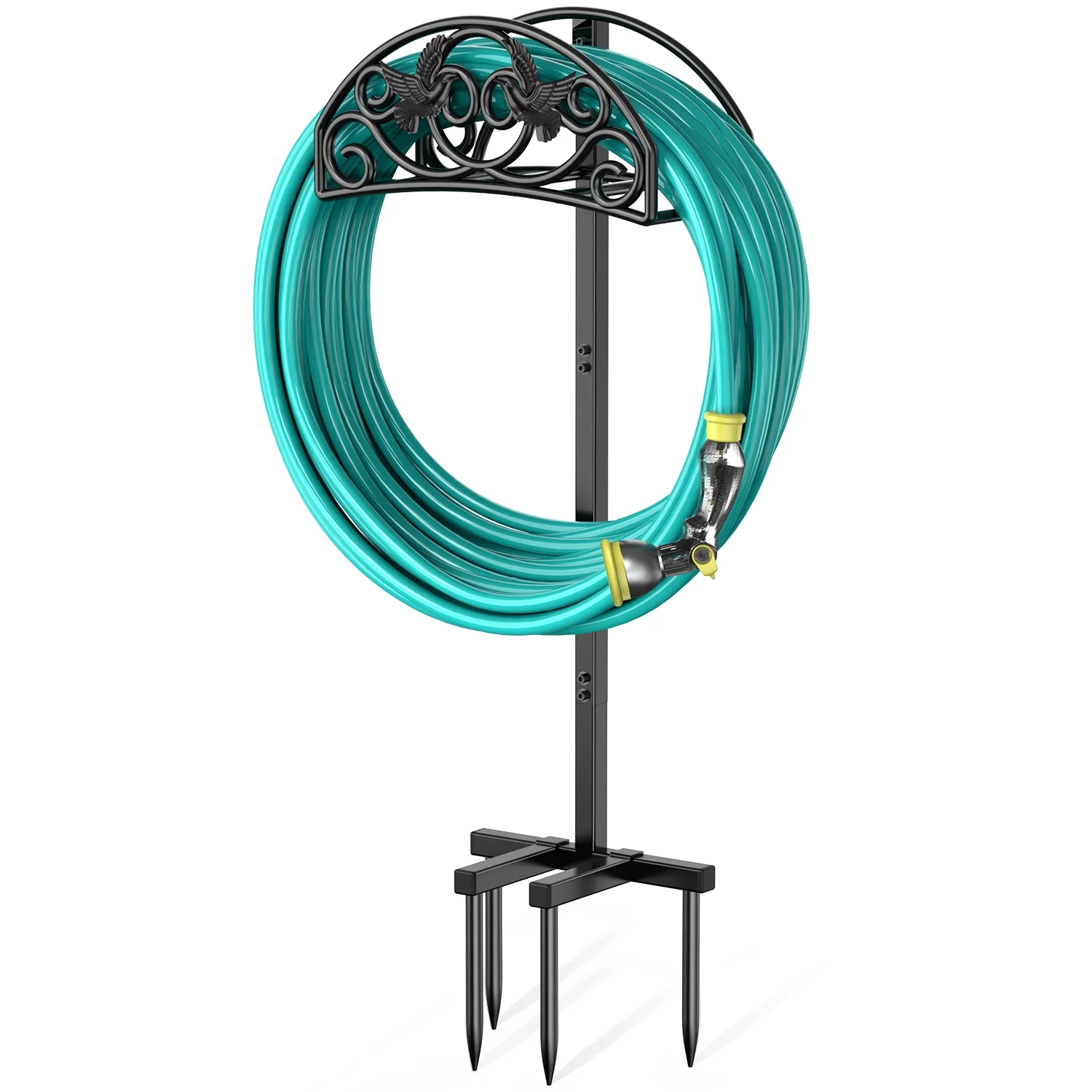 Garden Hose Holder, 4-Prongs Base Water Hose Stand Freestanding Metal Hose Hanger, Detachable Heavy Duty Hose Storage Stand for Outdoor