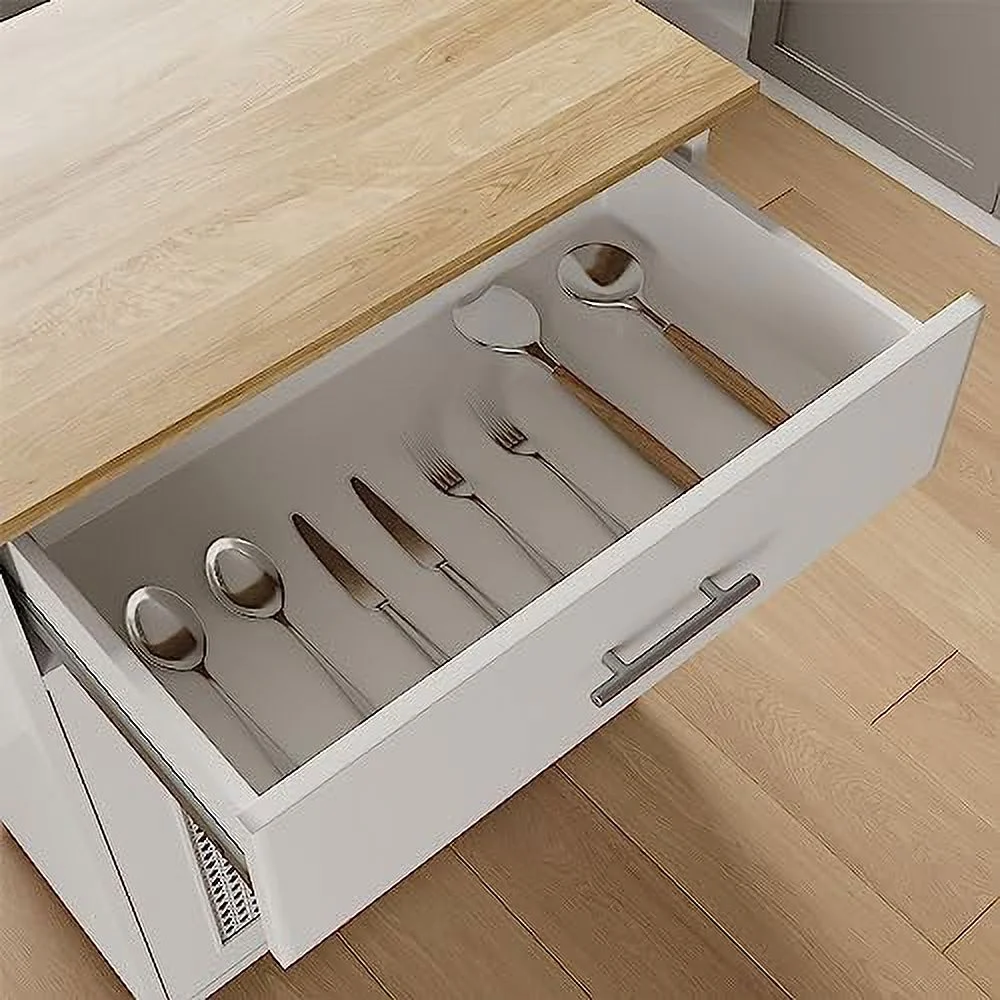 SQRTCV Kitchen Island with   Rolling Kitchen Island on Wheels with Solid Wood Countertop  White Kitchen Island Cart with Rattan  Cabinet  Spice Rack  Towel Rack and Drawers