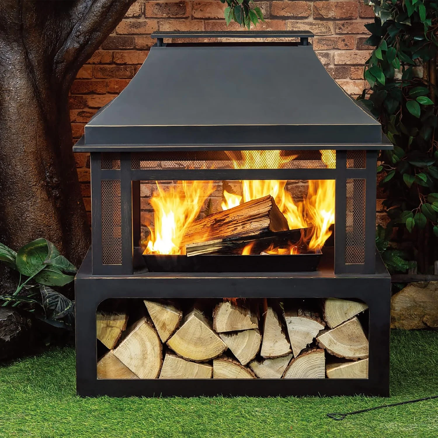 Outdoor Wood Burning Fireplace With Wood Storage And Removable Fire Grill - 40 Inch Large Metal Wicker Base  For Patio Garden Deck Backyard, Black