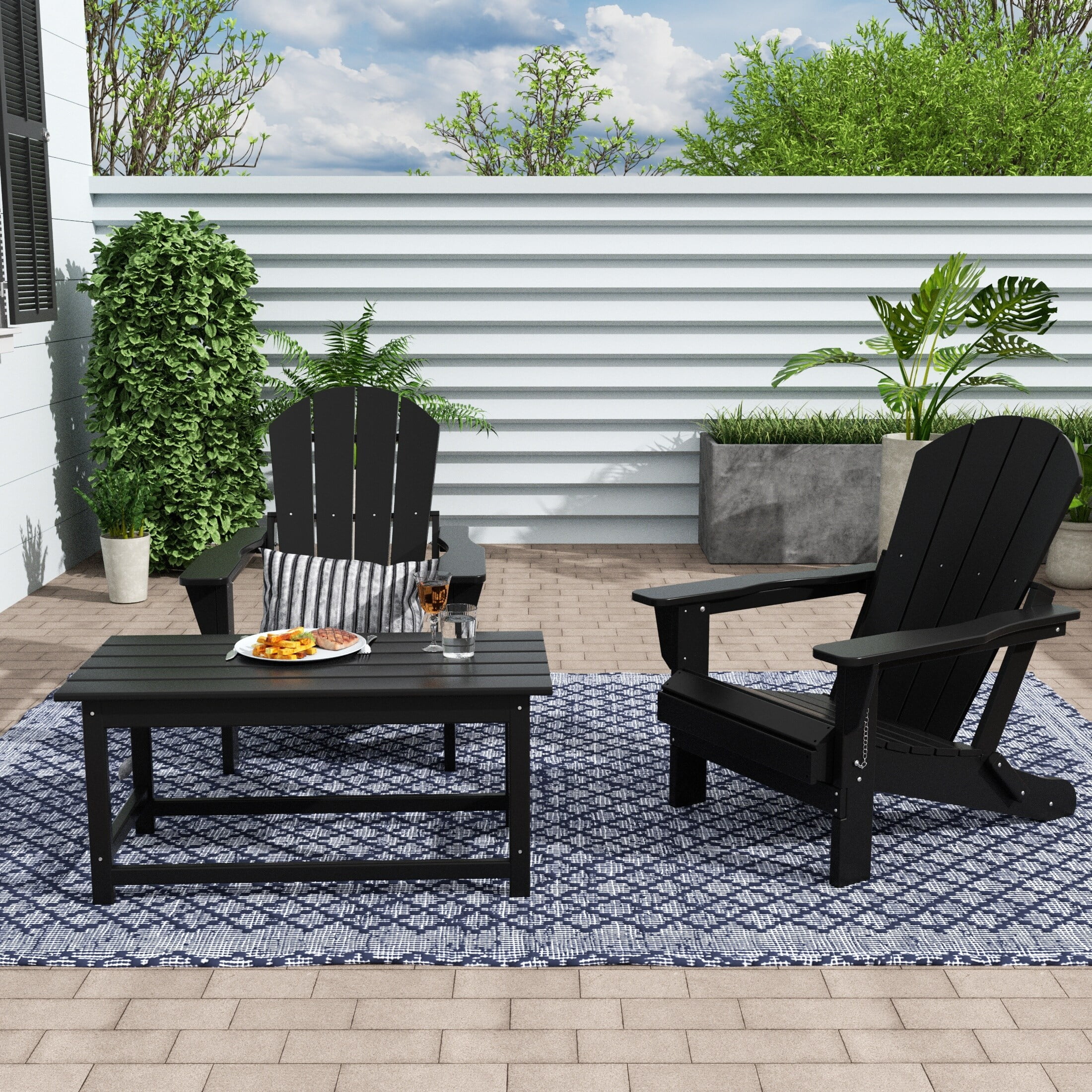 Polytrends  Laguna All Weather Poly Outdoor Patio Adirondack Chairs Set - with Coffee Table (3-Piece) Black