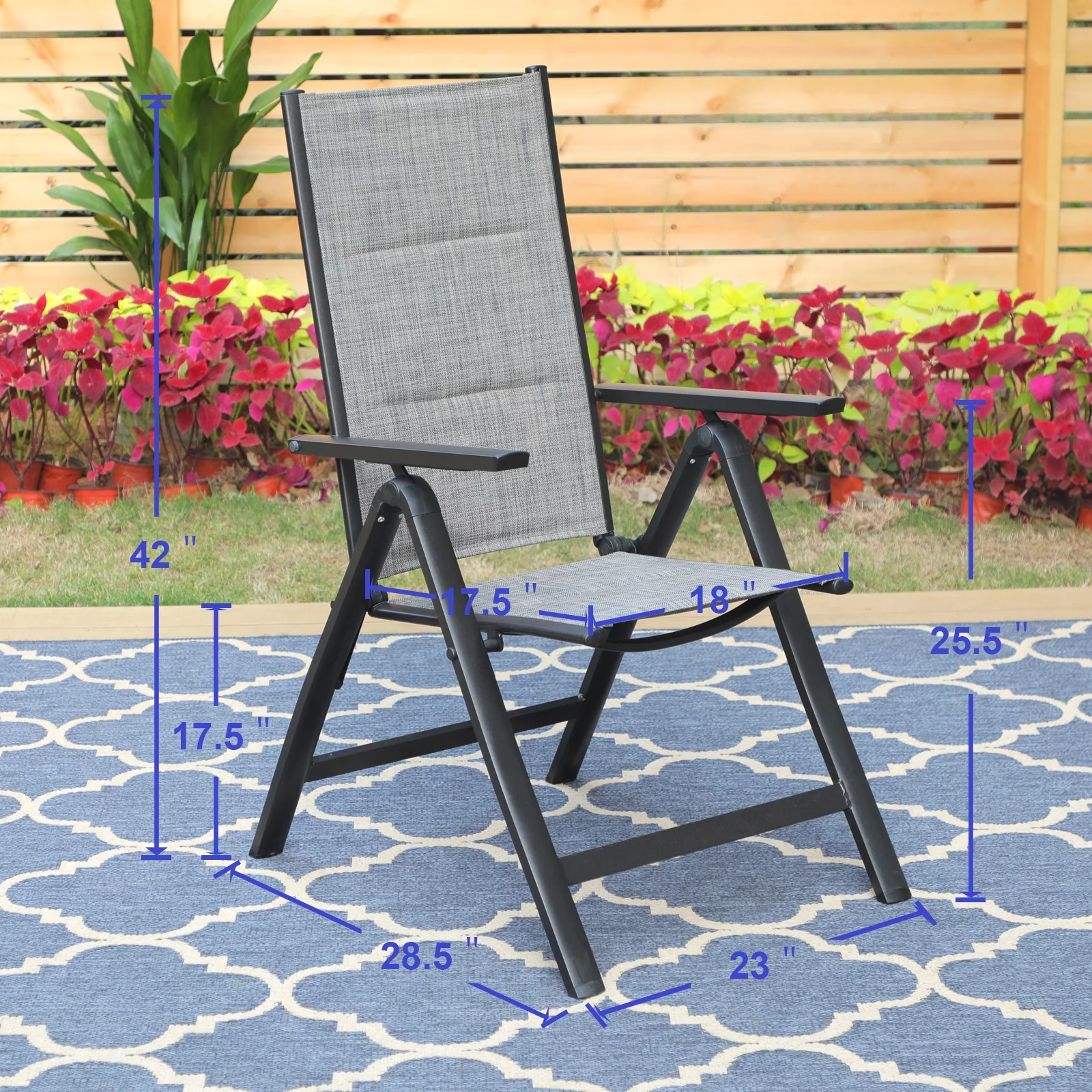 MF Studio Set of 2 Aluminum Outdoor Patio Folding Sling Chairs with 7-Level Adjustable Back&Padded Seat, Gray&Black